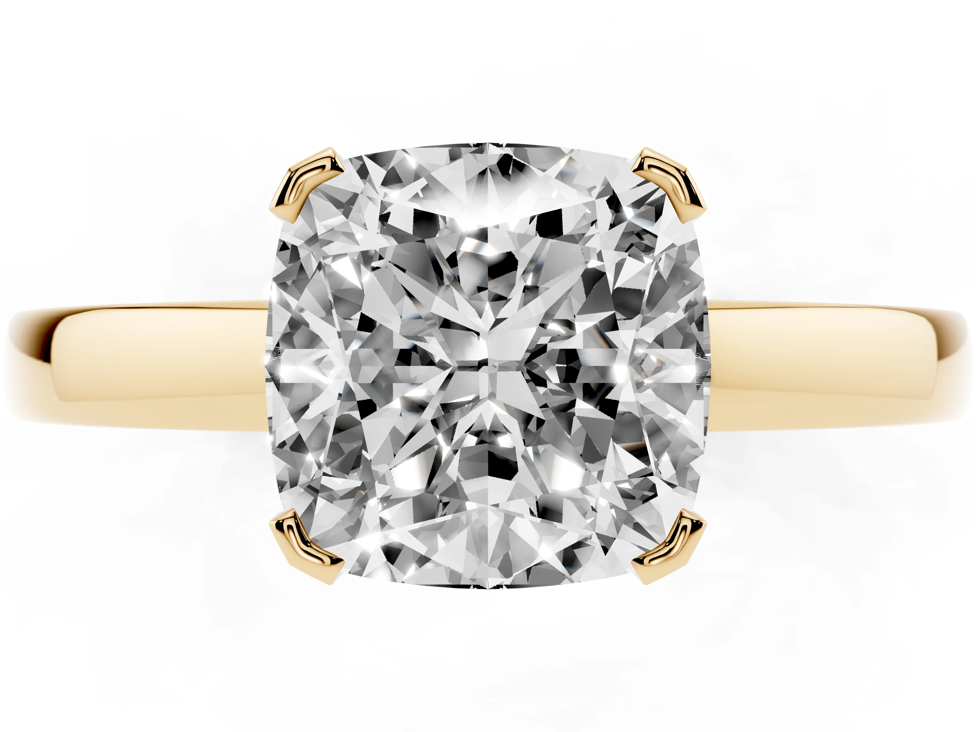 Cushion Cut Diamond Solitaire Ring Set in Yellow gold with Prong Head and Smooth Polished Band