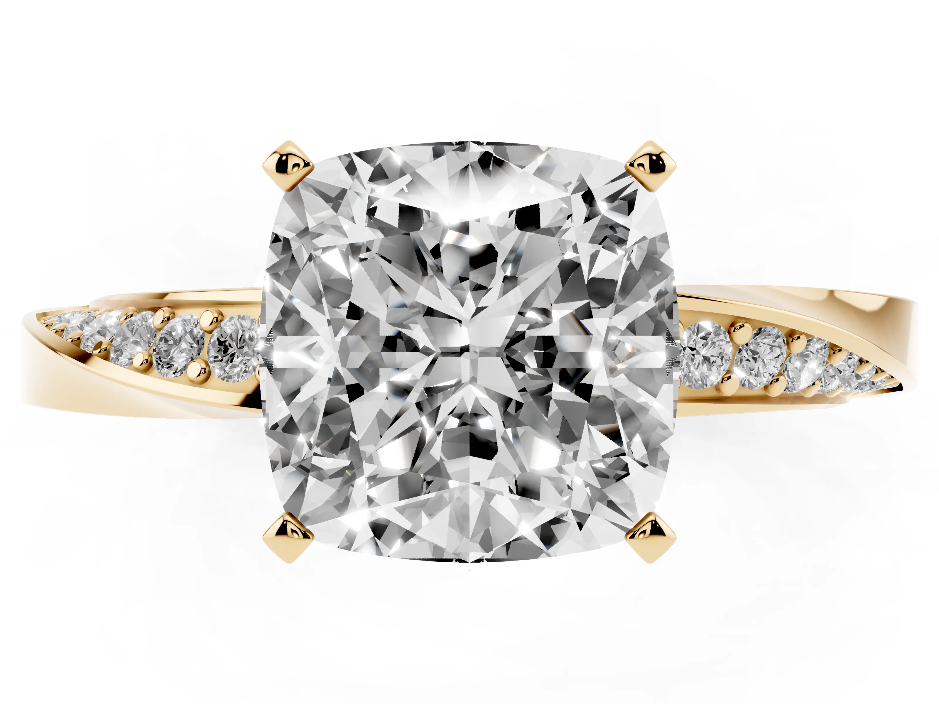 Cushion Cut Diamond Engagement Ring Set in Yellow gold with Side Stone Accents and Prong Setting
