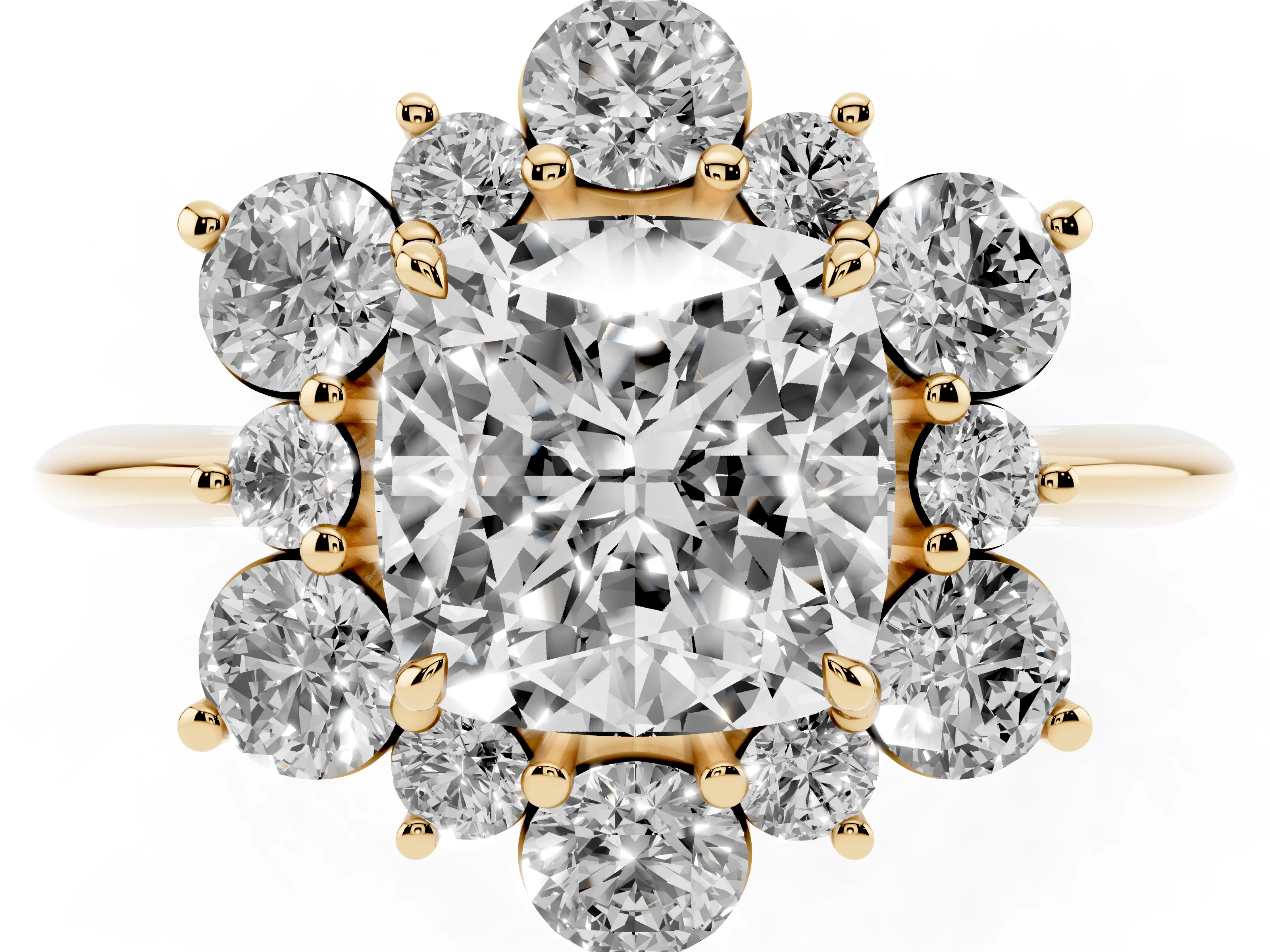 Cushion Cut Diamond Cluster Halo Ring Set in Yellow gold with Solitaire Band and Prong Setting