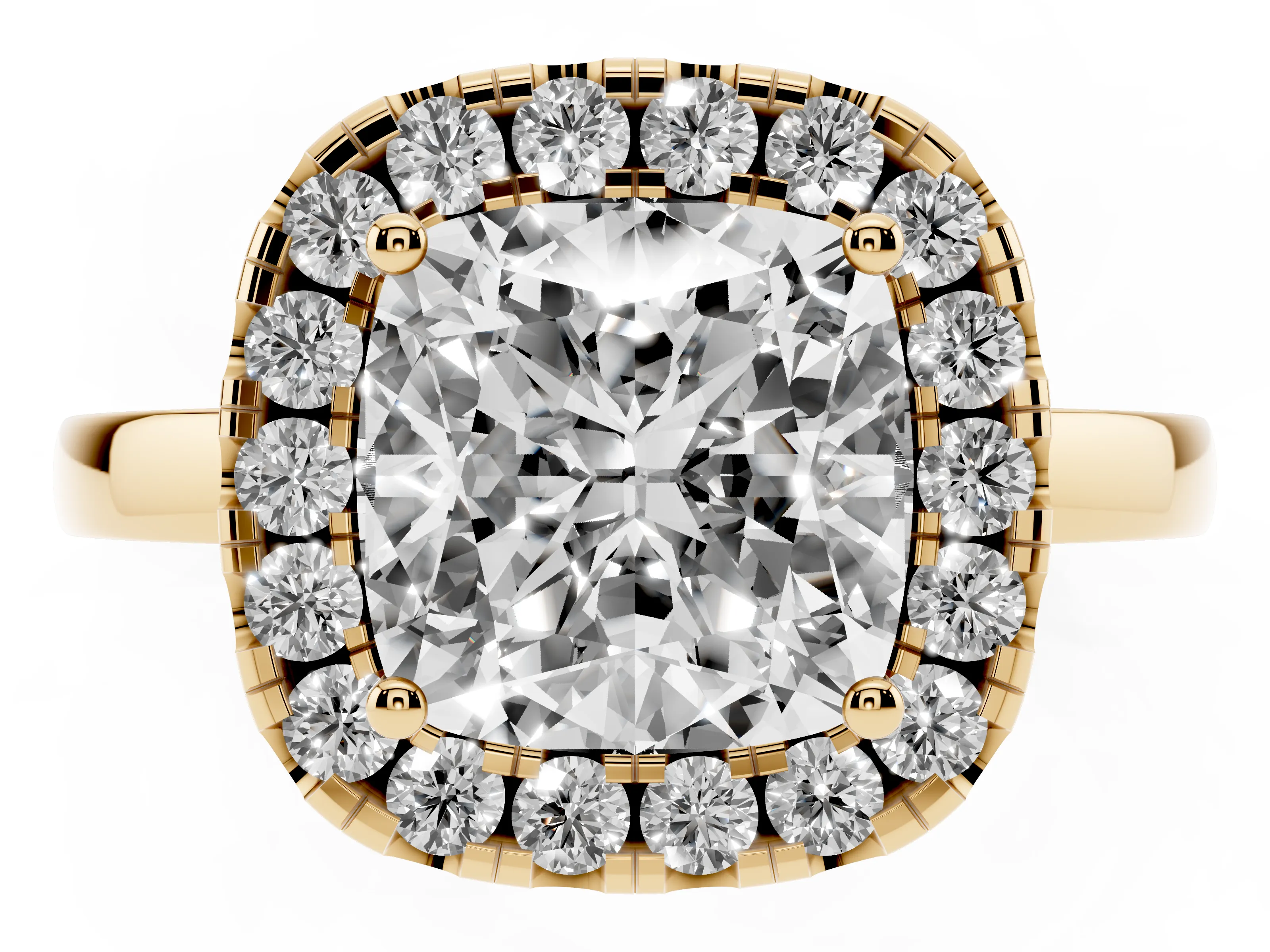Cushion Cut Diamond Halo Solitaire Ring Set in Yellow gold with Pavé Band and Prong Setting