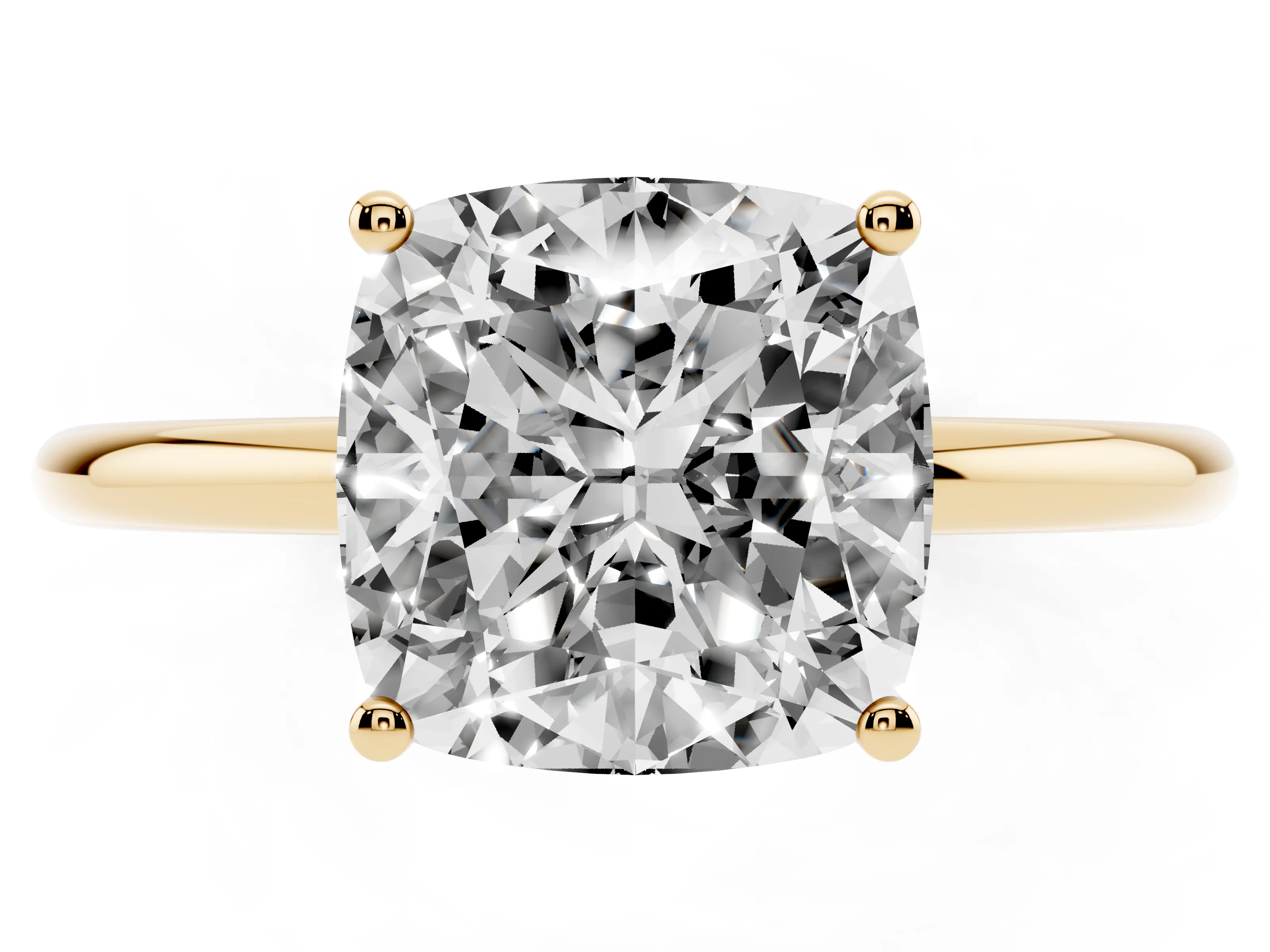 Cushion Cut Diamond Solitaire Engagement Ring Set in Yellow gold with Thin Band and Prong Setting