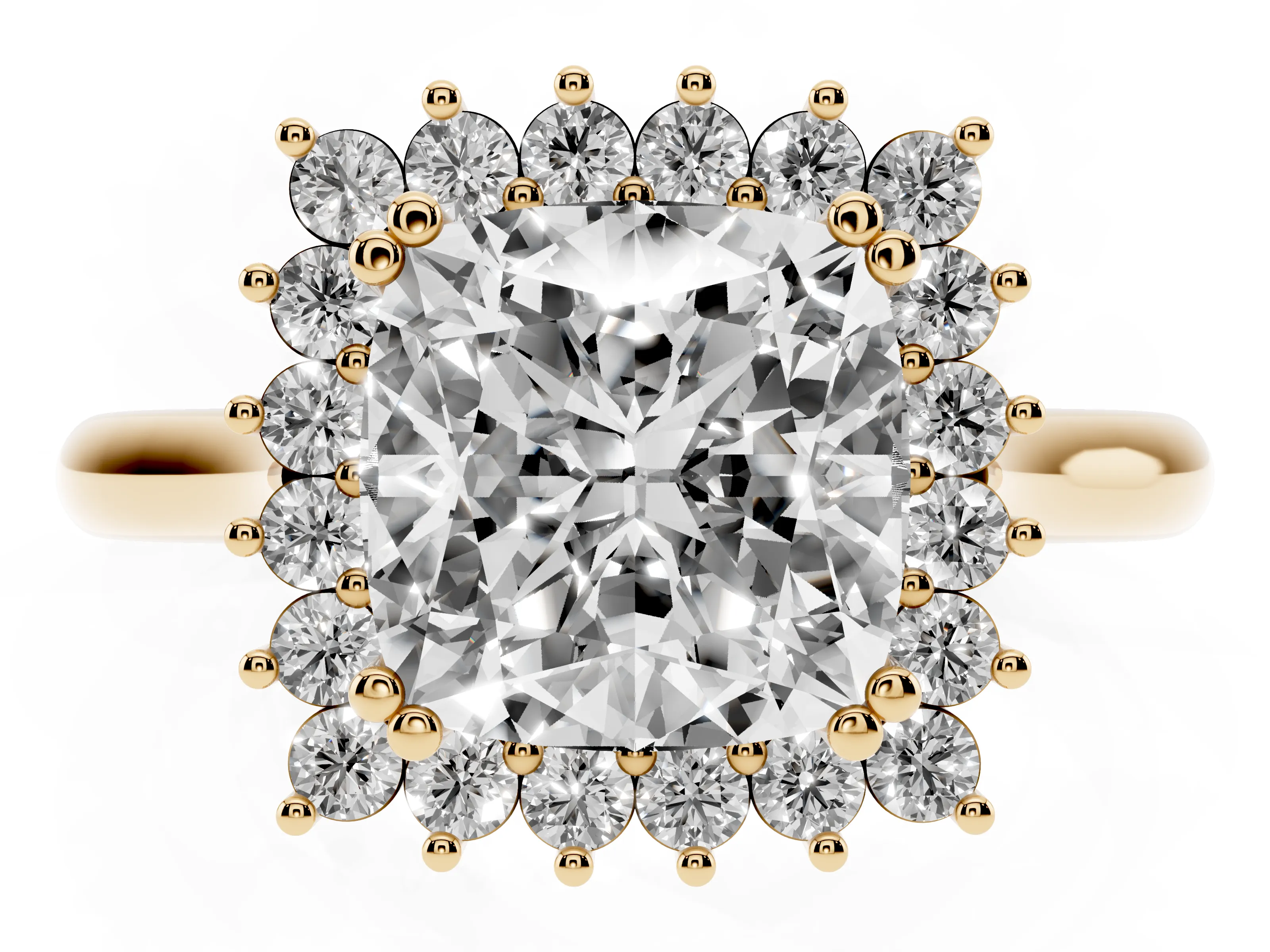 Cushion Cut Diamond Halo Ring Set in Yellow gold with Plain Solitaire Band and Prong Setting