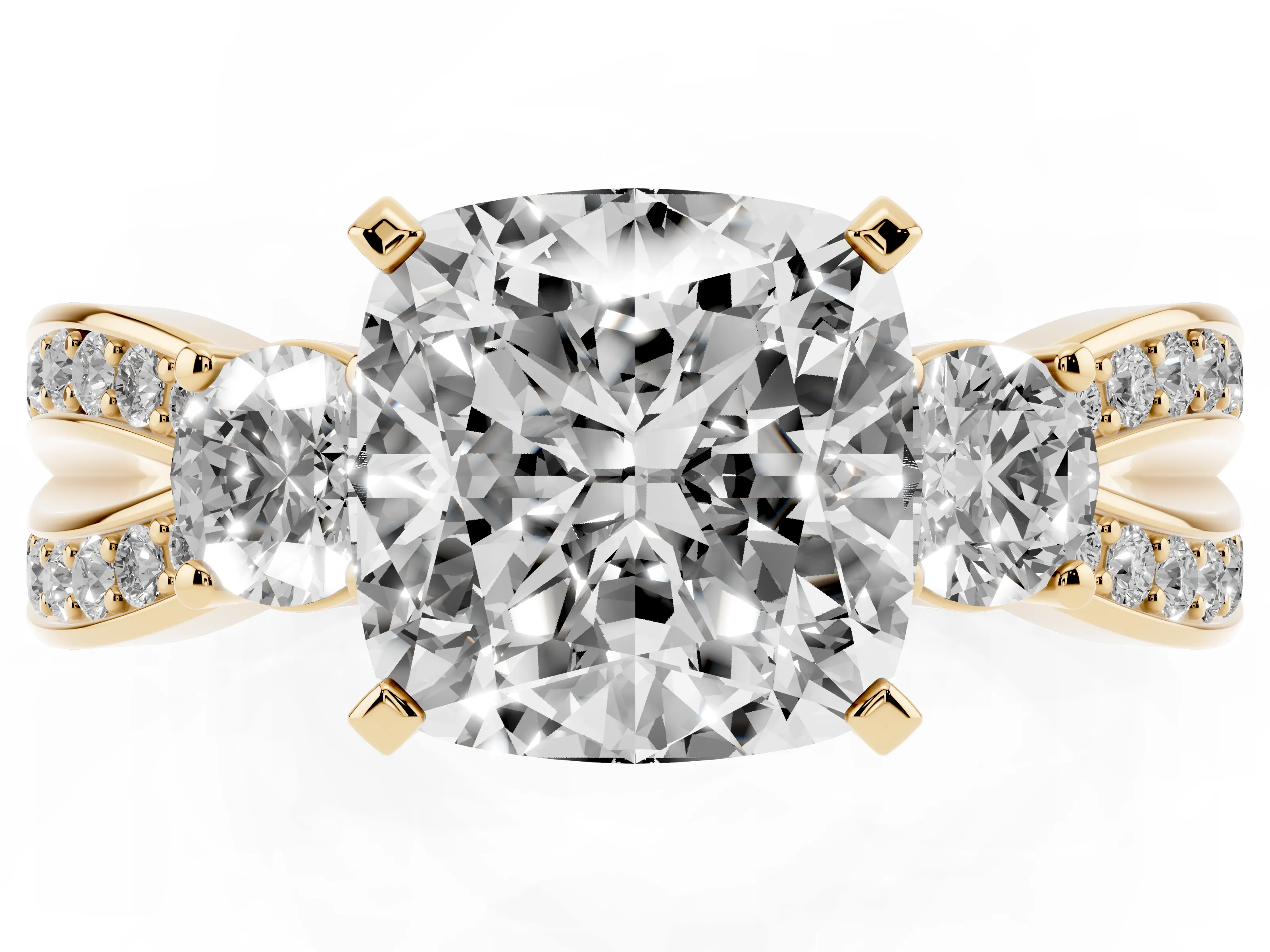 Three-Stone Cushion Cut Diamond Twist Band Ring Set in Yellow gold with Pavé Accents and Prong Setting