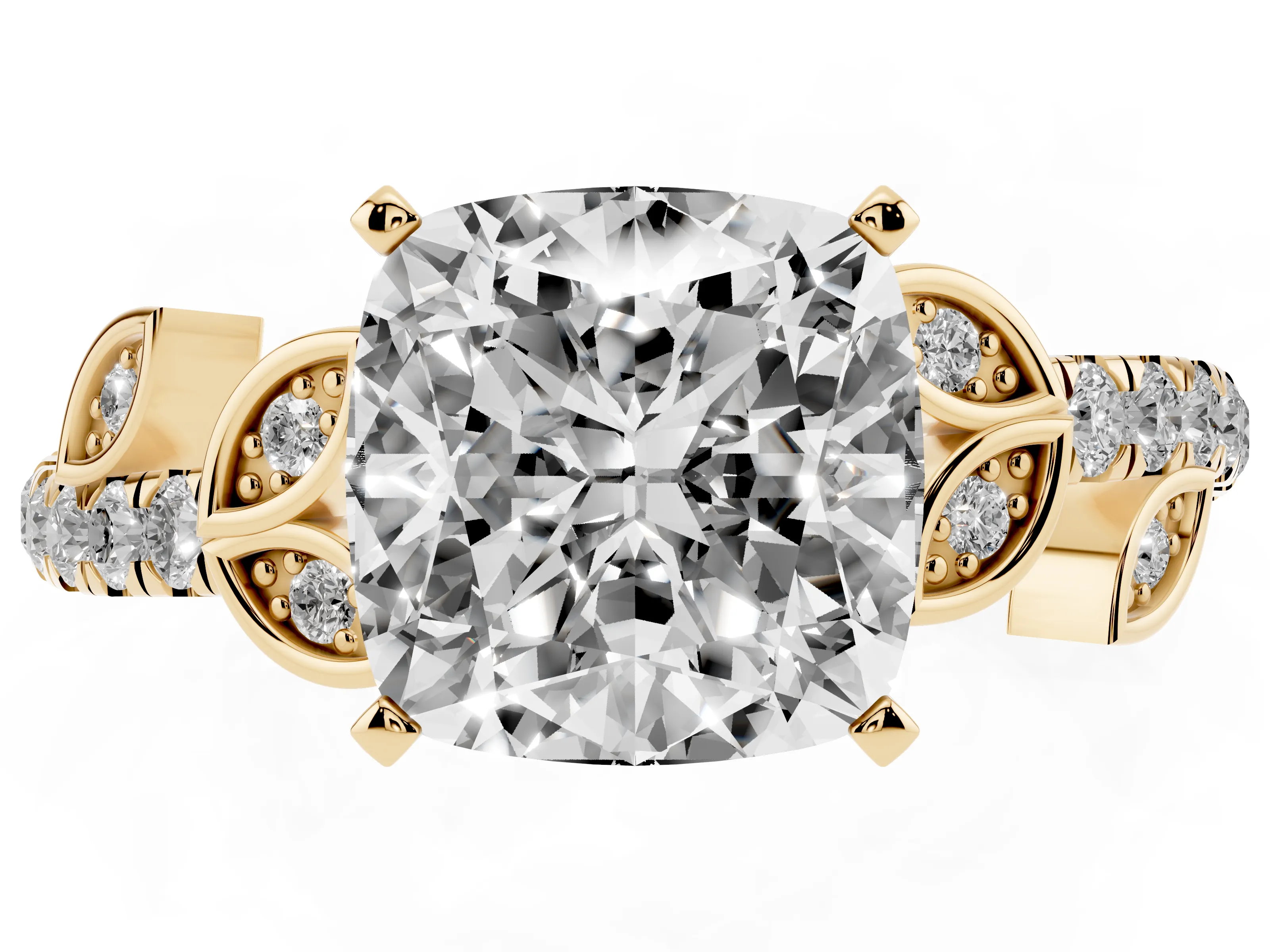 Cushion Cut Diamond Solitaire Leaf-Inspired Ring Set in Yellow gold with Pavé Band and Prong Setting
