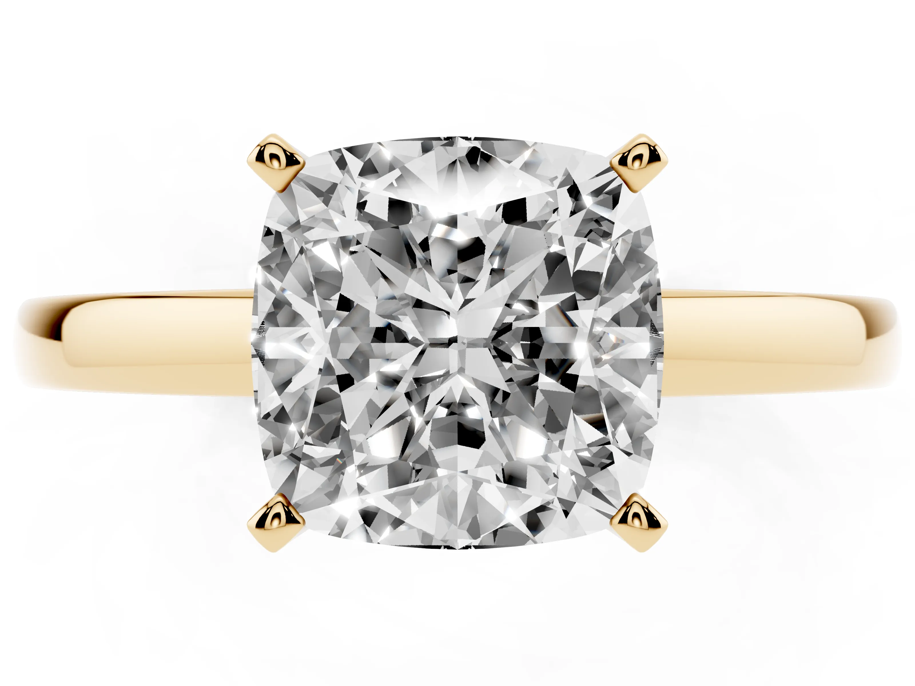 Cushion Cut Diamond Solitaire Engagement Ring Set in Yellow gold with Prong Setting on a Classic Band