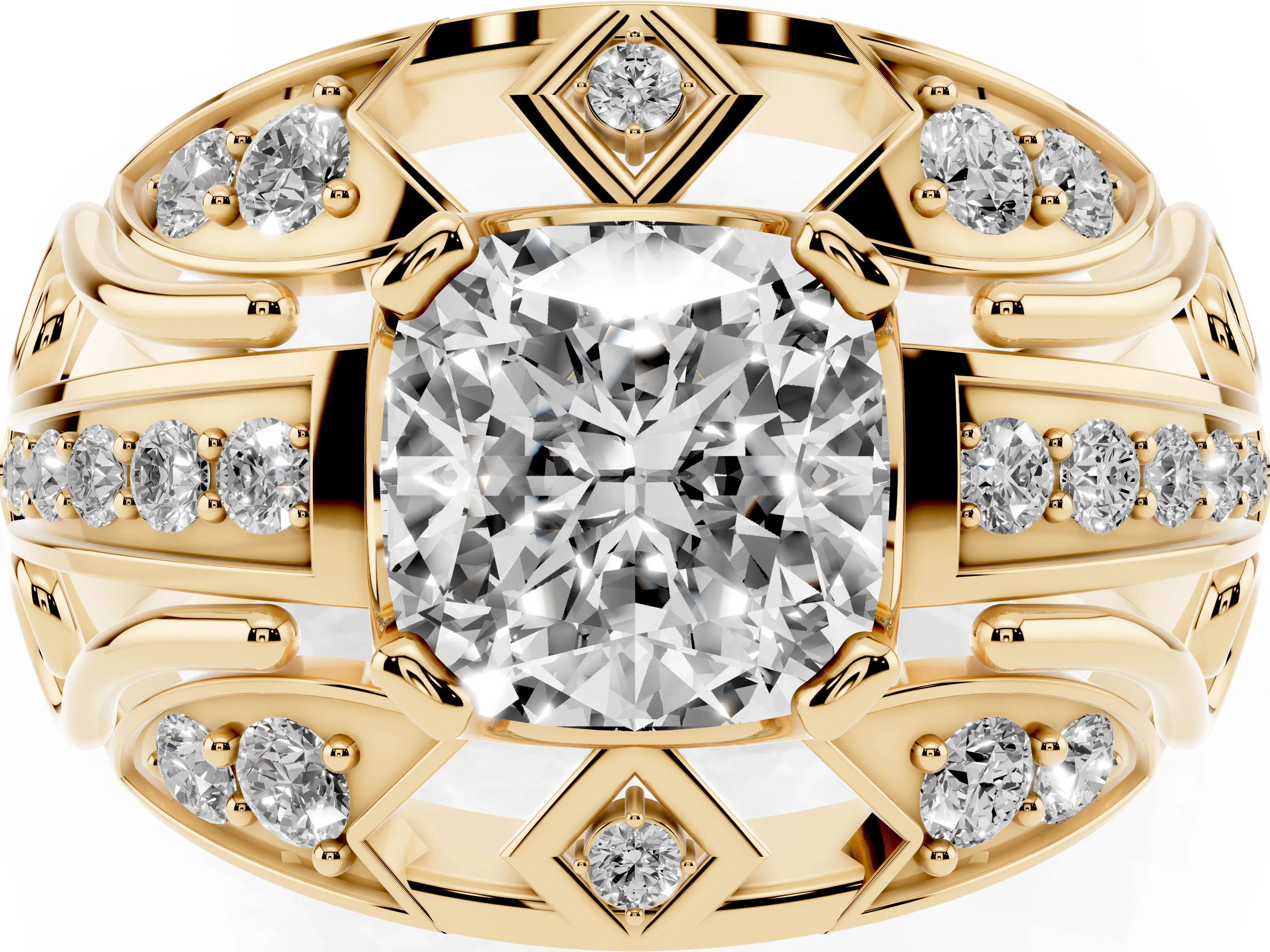 Cushion Cut Diamond Art Deco Ring Set in Yellow gold with Pavé Split Shank