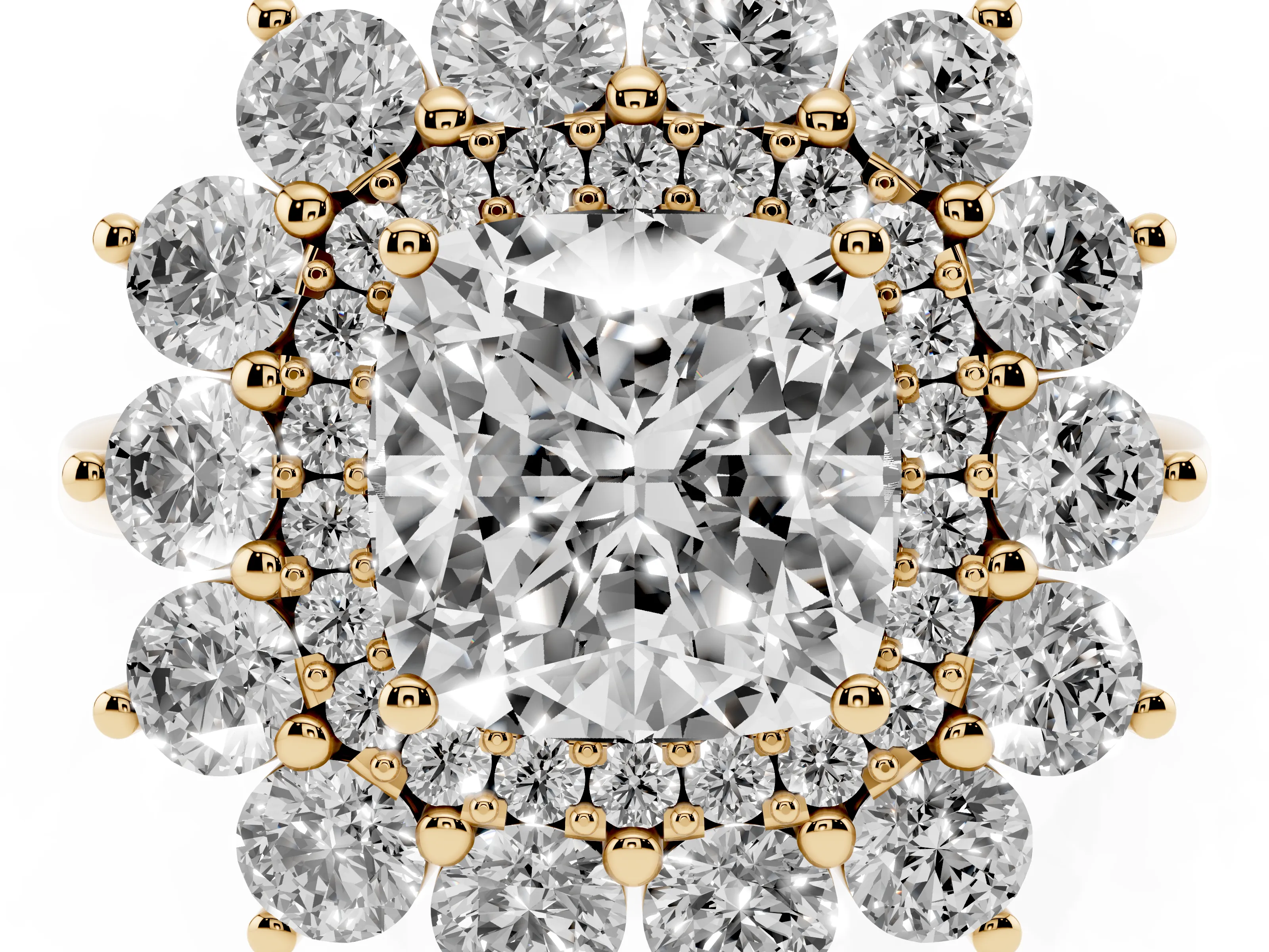 Cushion Cut Diamond Floral Double Halo Ring Set in Yellow gold with Round Petals