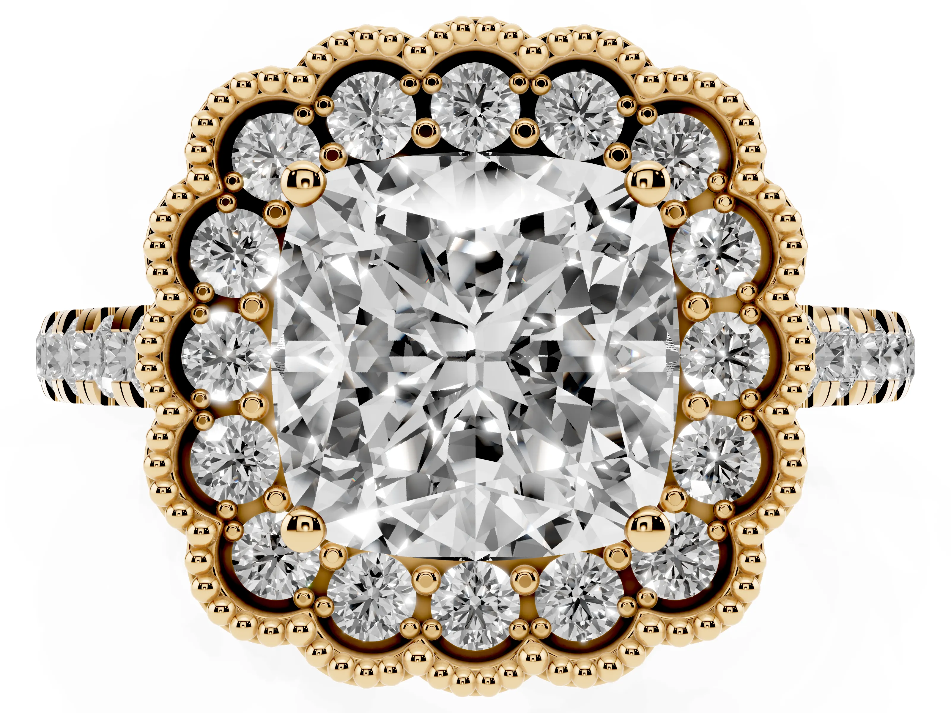 Cushion Cut Diamond Milgrain Floral Halo Engagement Ring Set in Yellow gold with Pavé Band