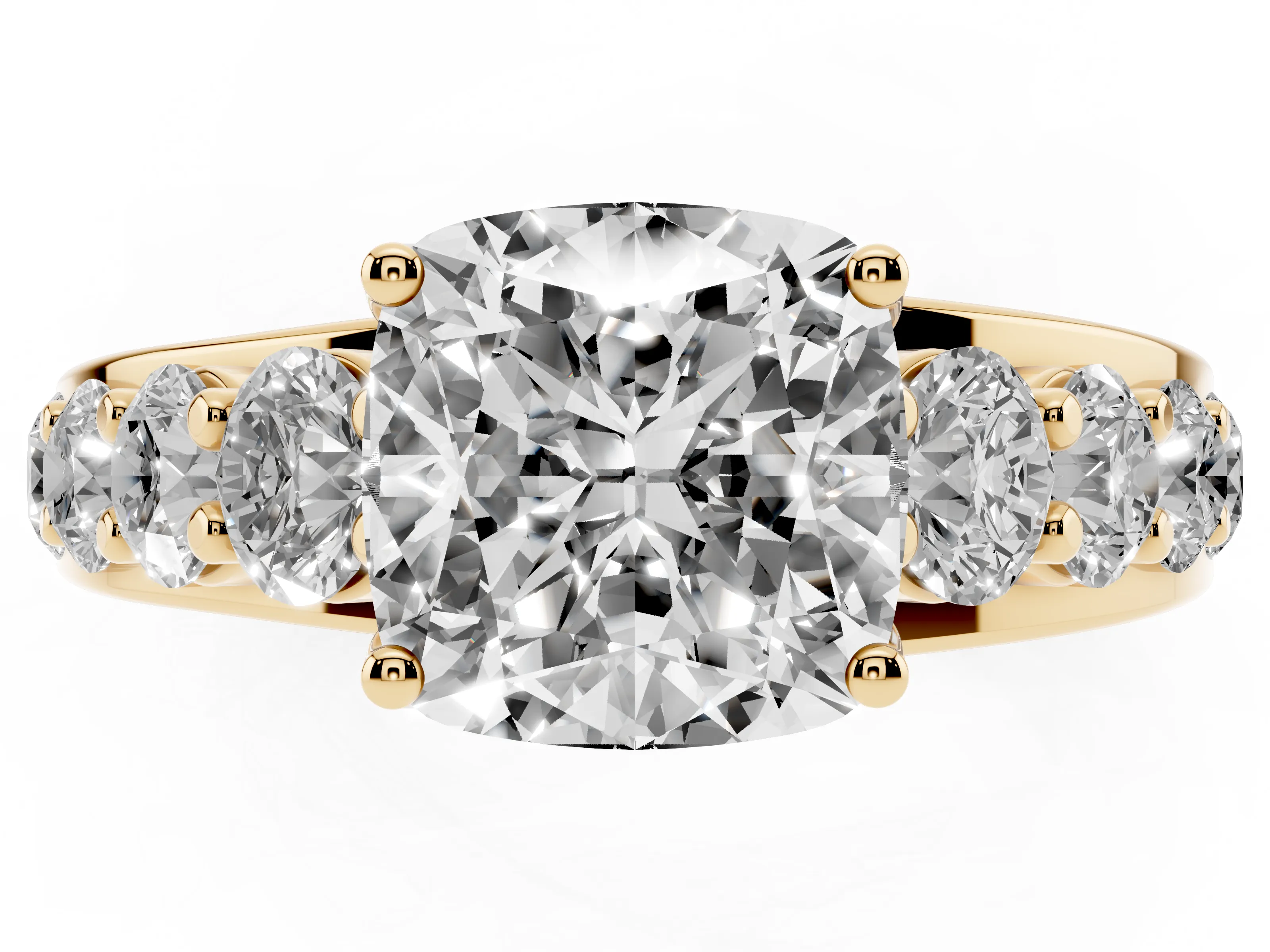 Cushion Cut Diamond Pavé Engagement Ring Set in Yellow gold with Prong Setting