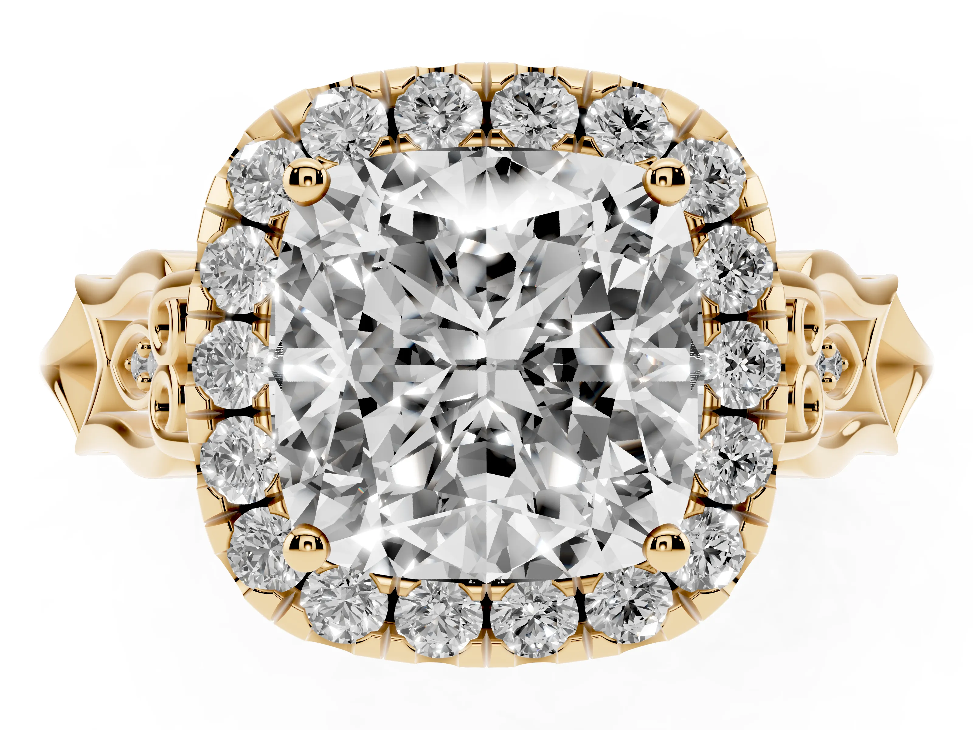 Cushion Cut Diamond Halo Engagement Ring Set in Yellow gold with Filigree Band and Prong-Set Center