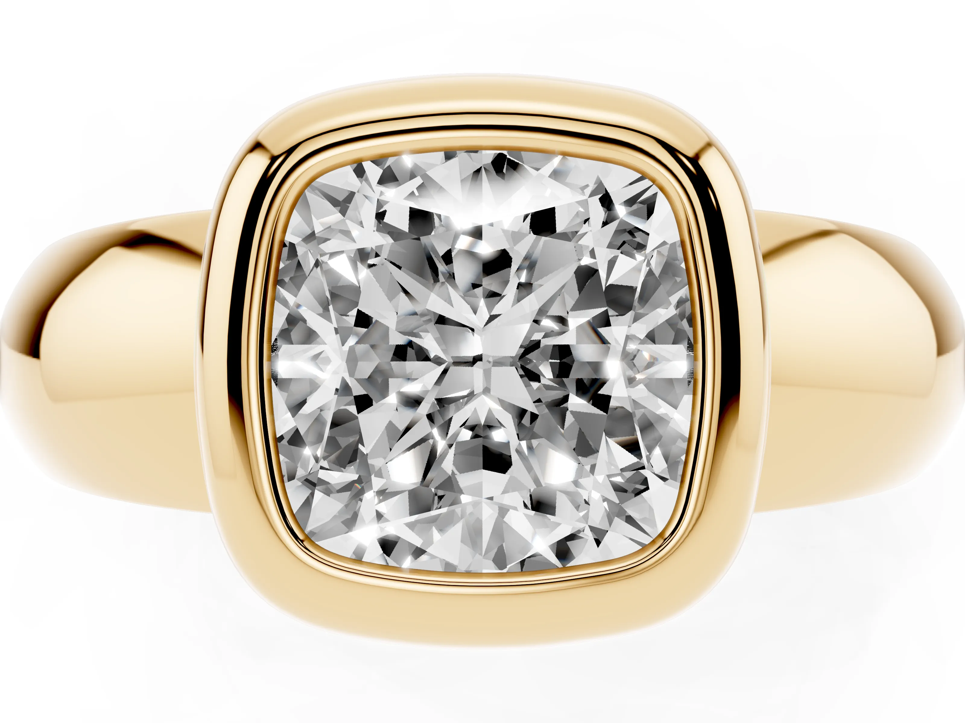 Bezel Set Cushion Cut Diamond Solitaire Ring Set in Yellow gold with Wide Band