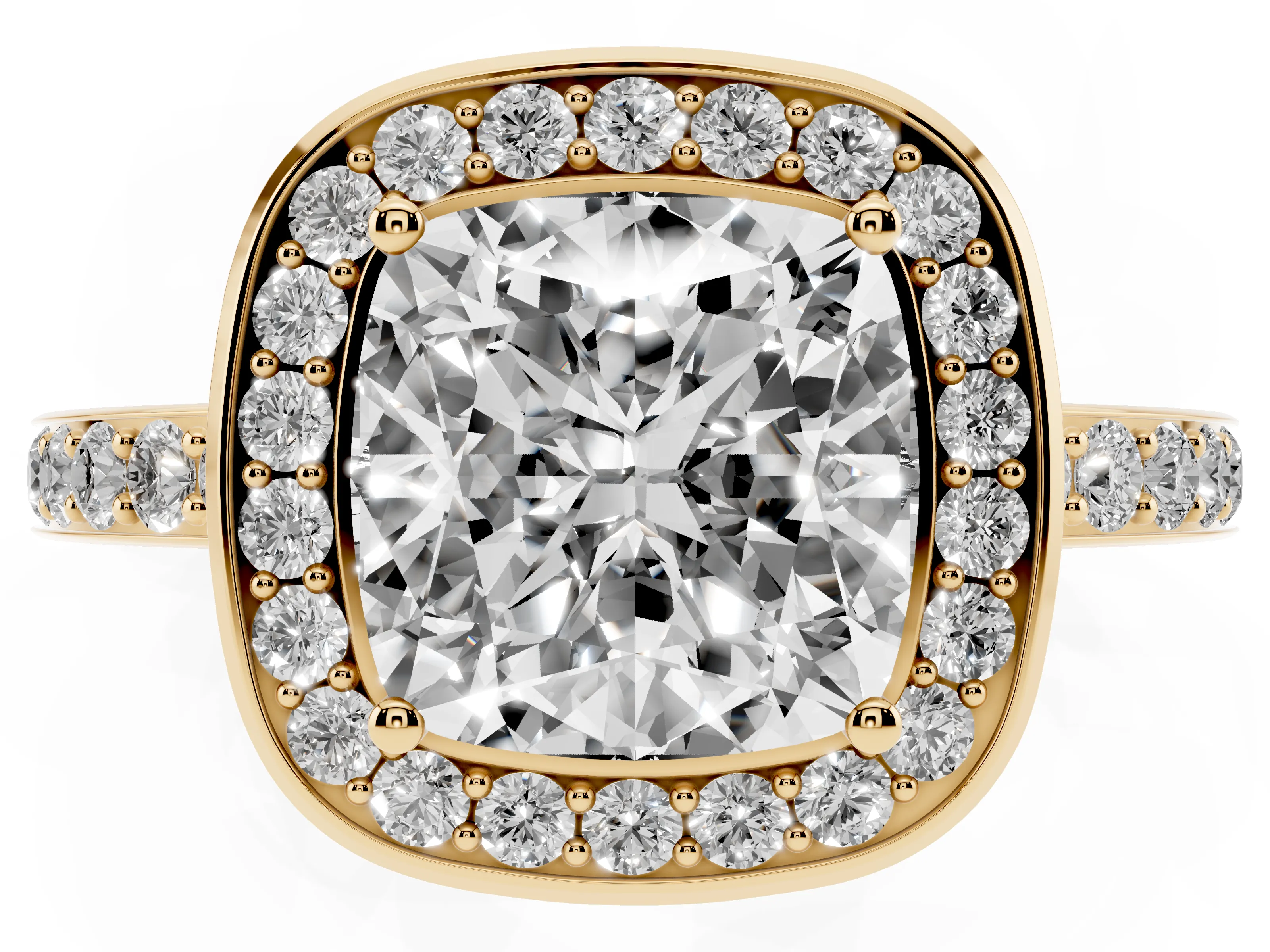 Cushion Cut Diamond Halo Ring Set in Yellow gold with Bezel Frame and Pavé Band
