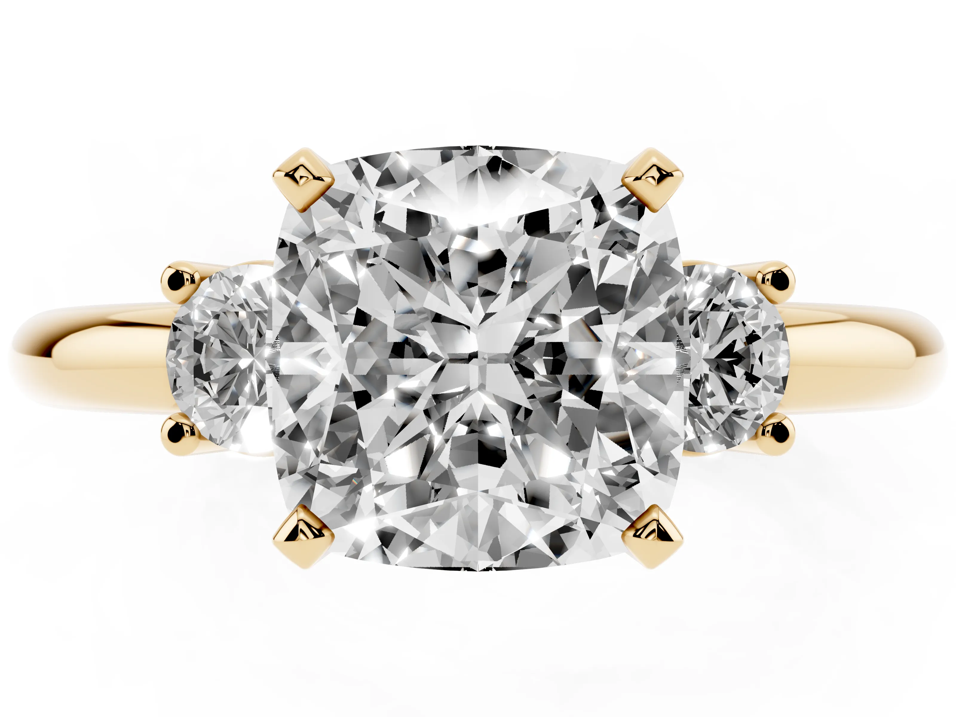 Three-Stone Cushion Cut Diamond Ring Set in Yellow gold with Prong Setting and Plain Band