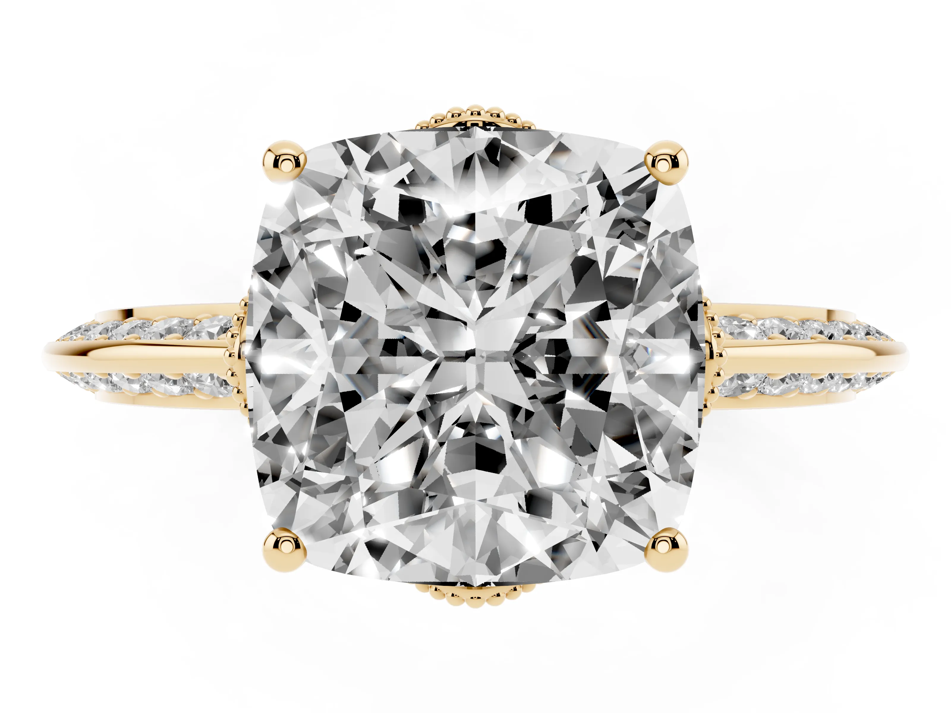 Cushion Cut Diamond Solitaire Engagement Ring Set in Yellow gold with Pavé Split Shank and Prong Setting