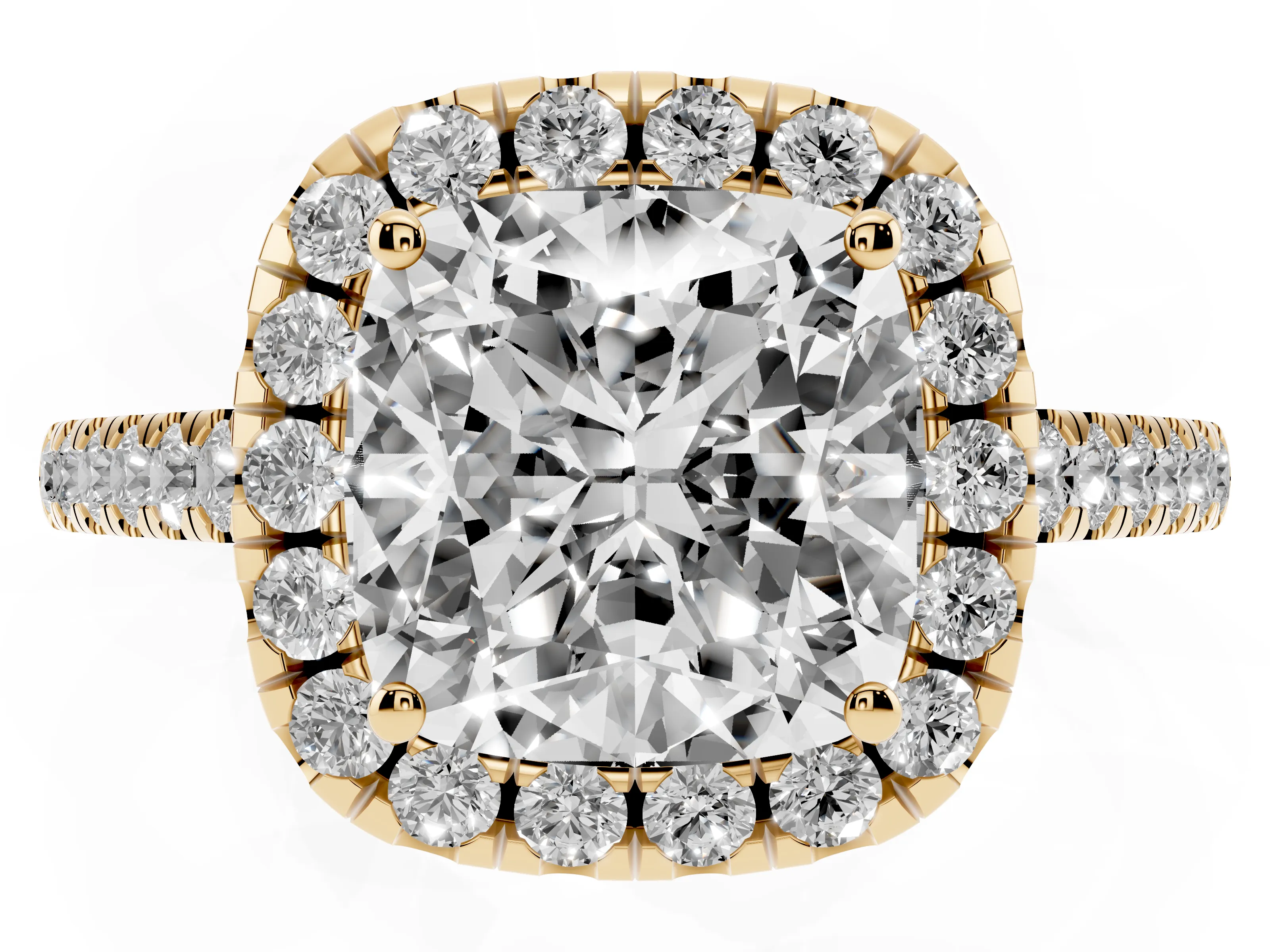 Cushion Cut Diamond Pavé Halo Engagement Ring Set in Yellow gold with Pavé Band and Prong Setting