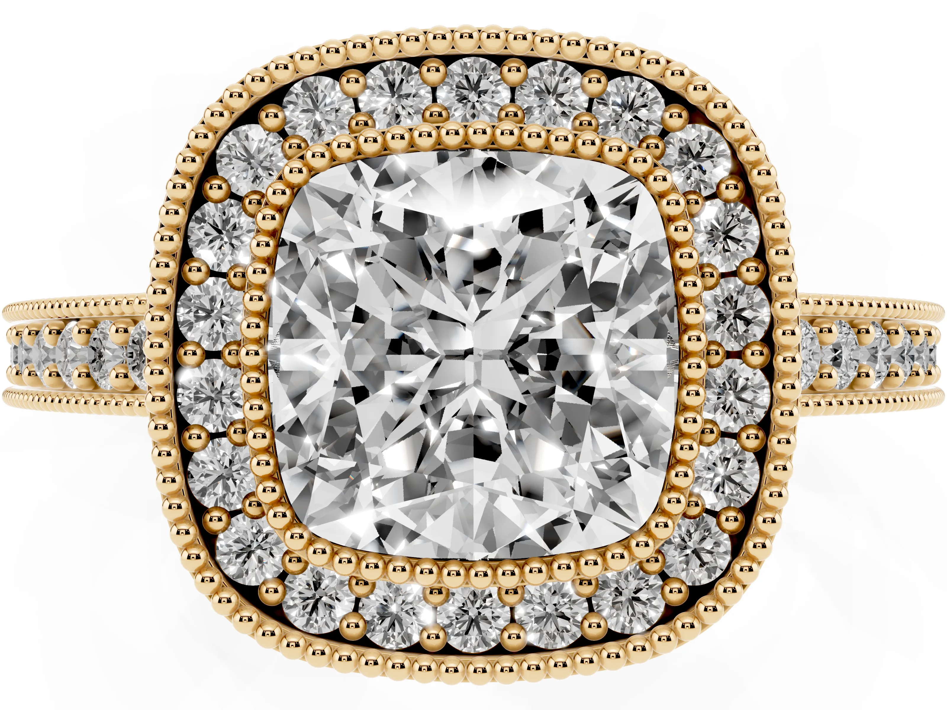 Cushion Cut Diamond Halo Engagement Ring Set in Yellow gold with Pavé Band and Round Halo Stones