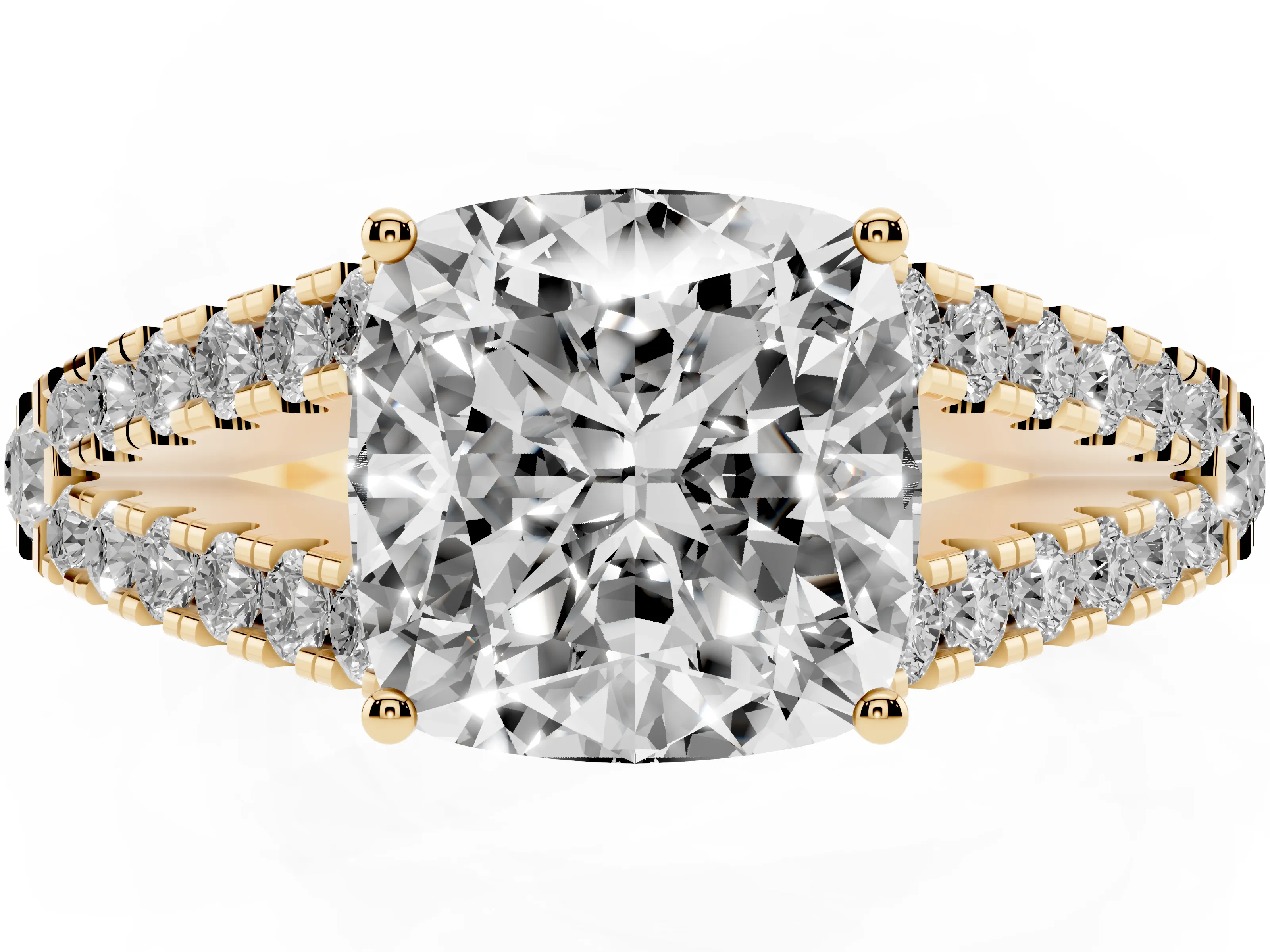 Cushion Cut Diamond Split Shank Pavé Engagement Ring Set in Yellow gold with Prong-Held Center Stone