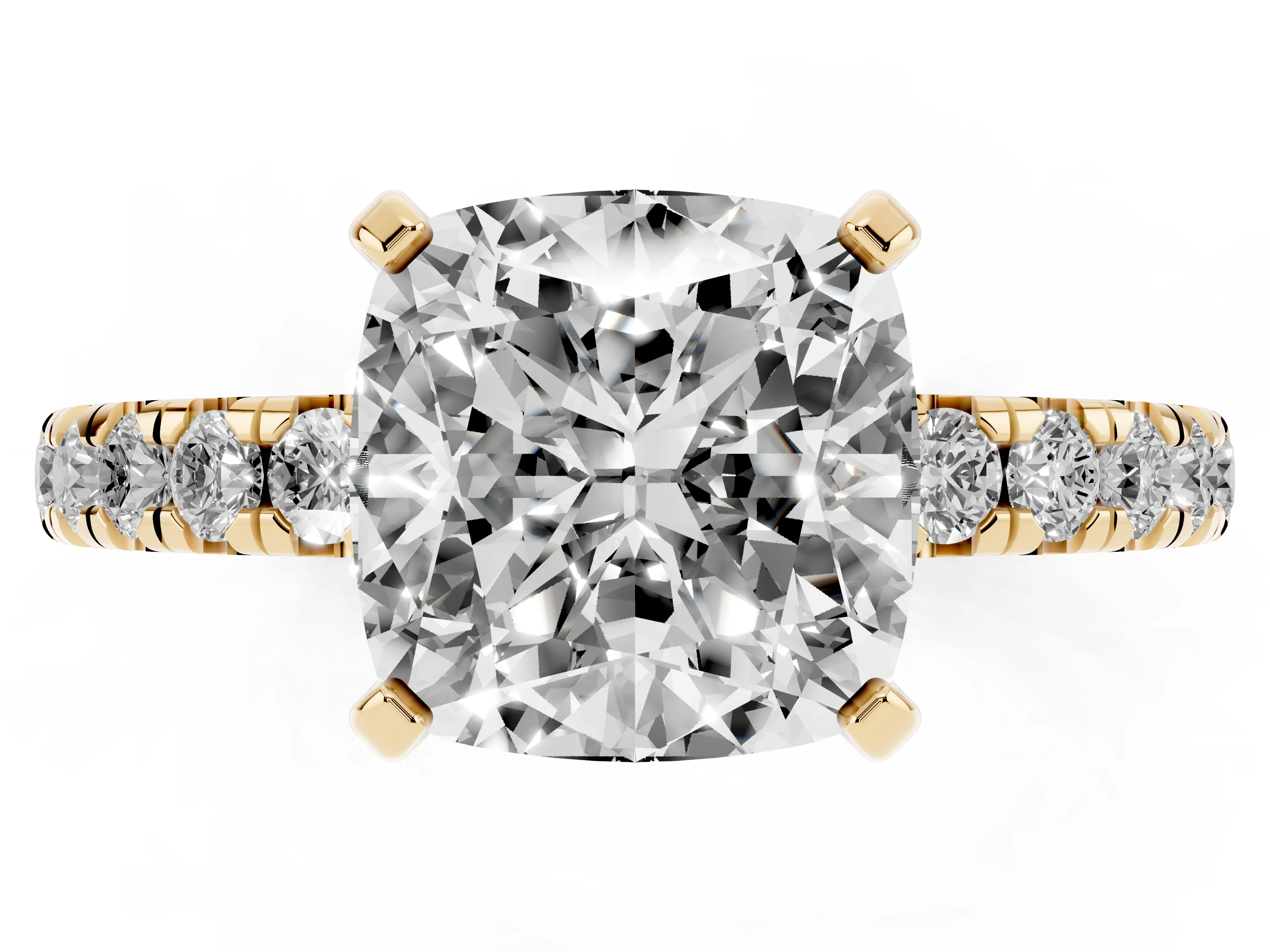 Cushion Cut Diamond Pavé Solitaire Ring Set in Yellow gold with Round Band and Prong Setting
