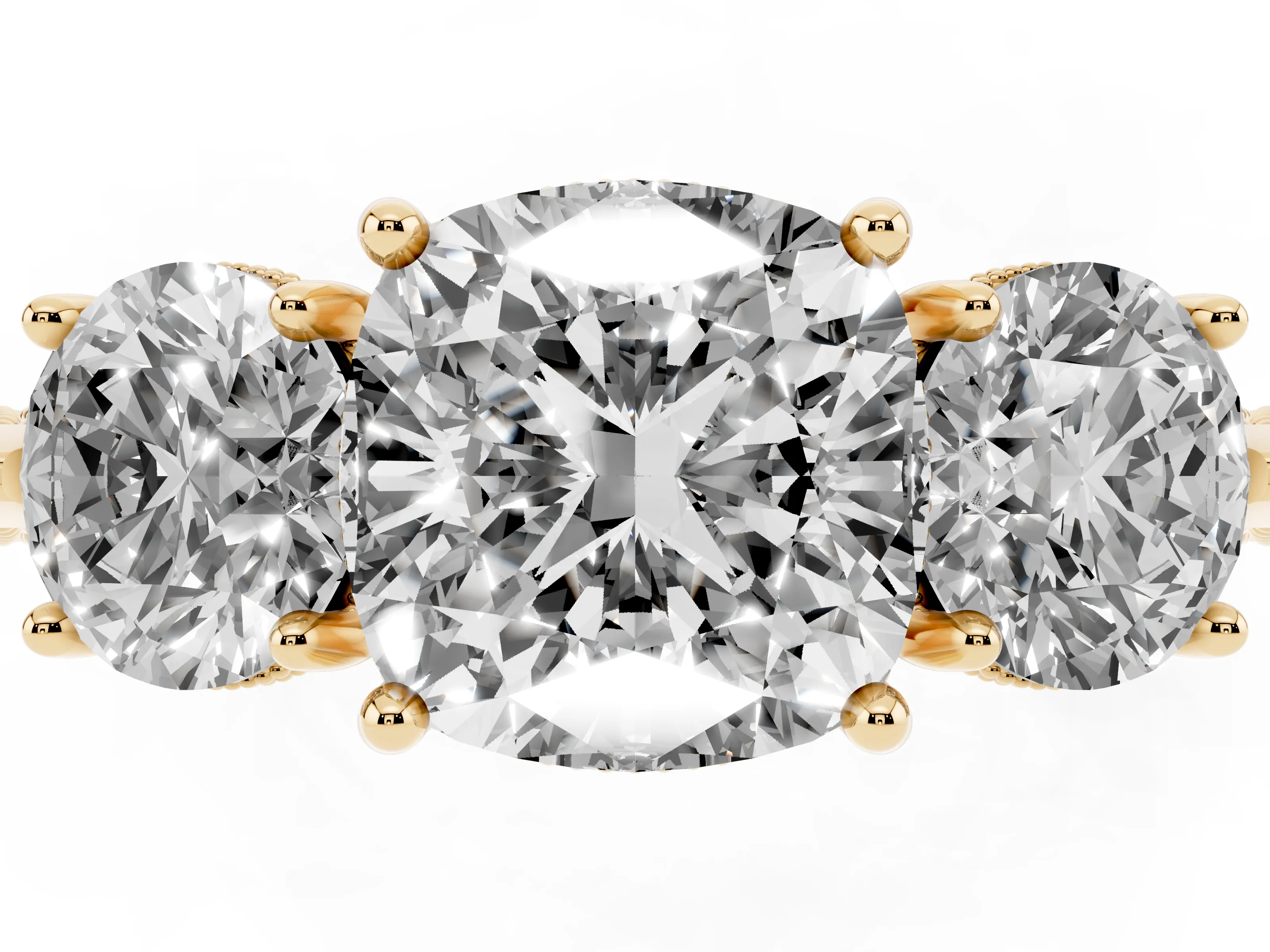 Cushion Cut Diamond Three-Stone Ring Set in Yellow gold with Milgrain Band