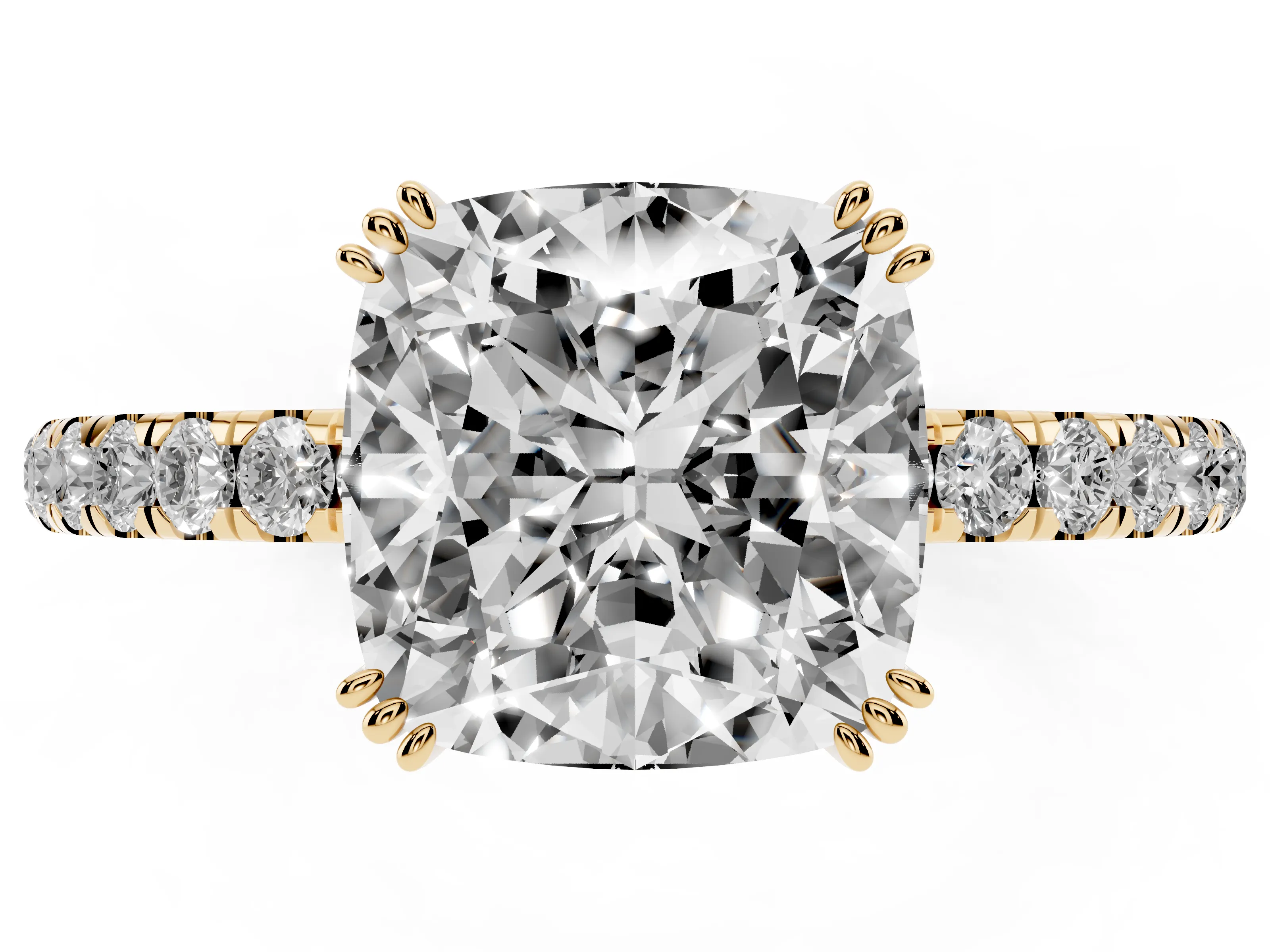 Cushion Cut Diamond Brilliant Solitaire Set in Yellow gold with Pavé Band and Claw Prong Setting