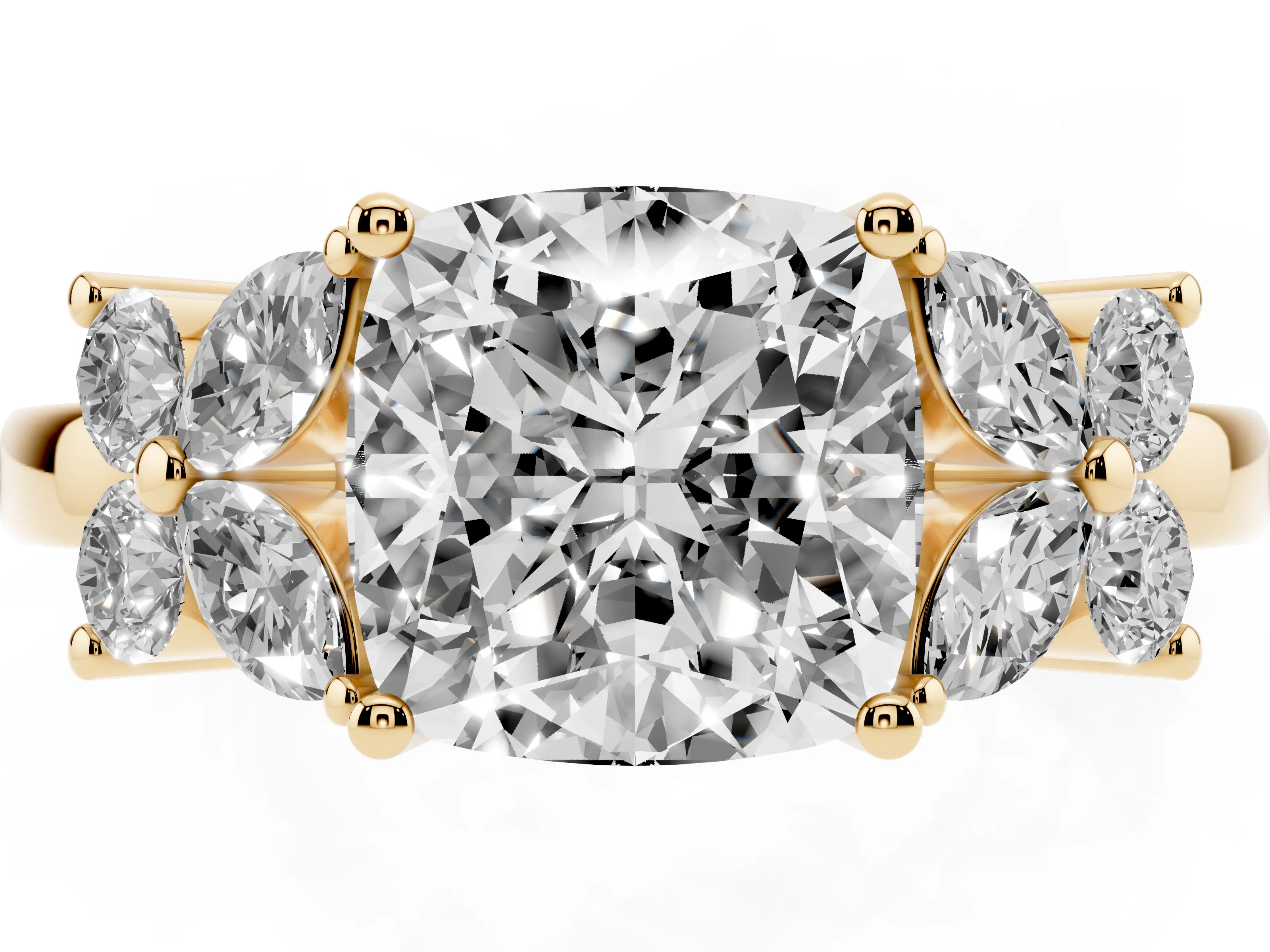 Cushion Cut Diamond Floral Cluster Ring Set in Yellow gold with Marquise Petals and Prong Setting