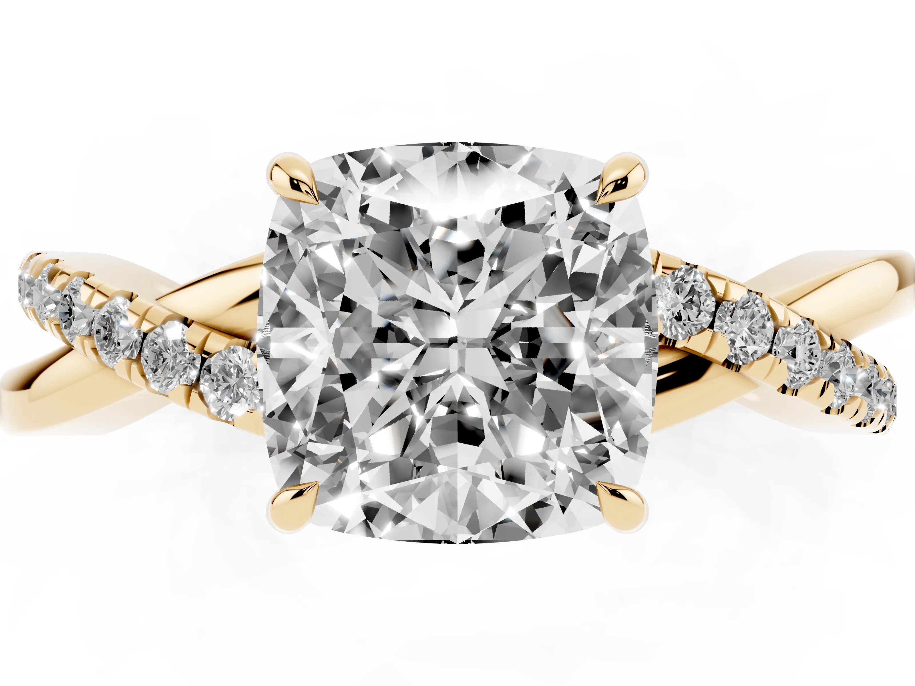 Cushion Cut Diamond Twisted Pavé Band Ring Set in Yellow gold with Prong Setting