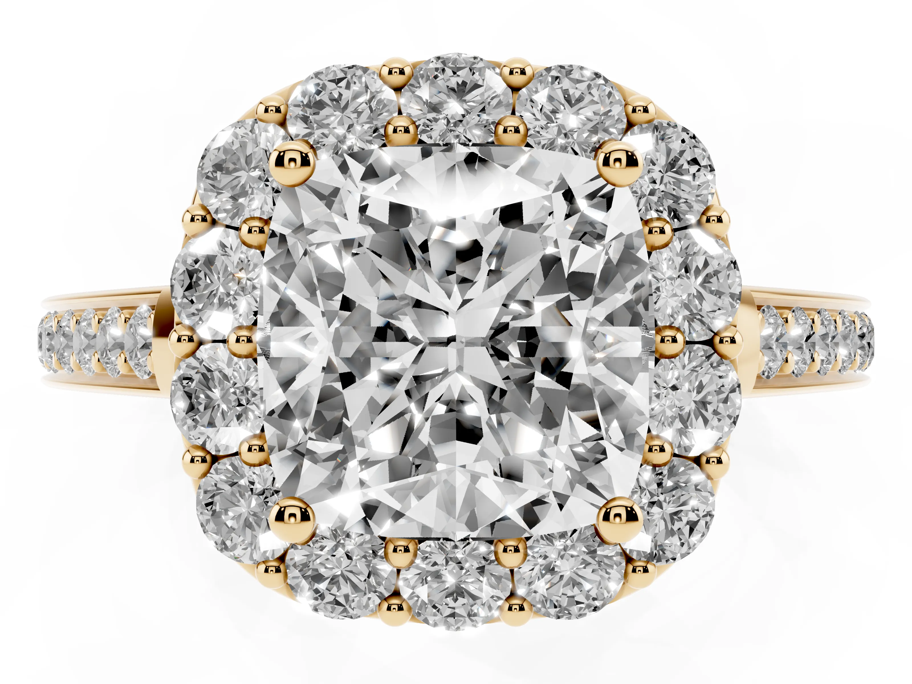 Cushion Cut Diamond Floral Halo Ring Set in Yellow gold with Pavé Band and Prong Setting