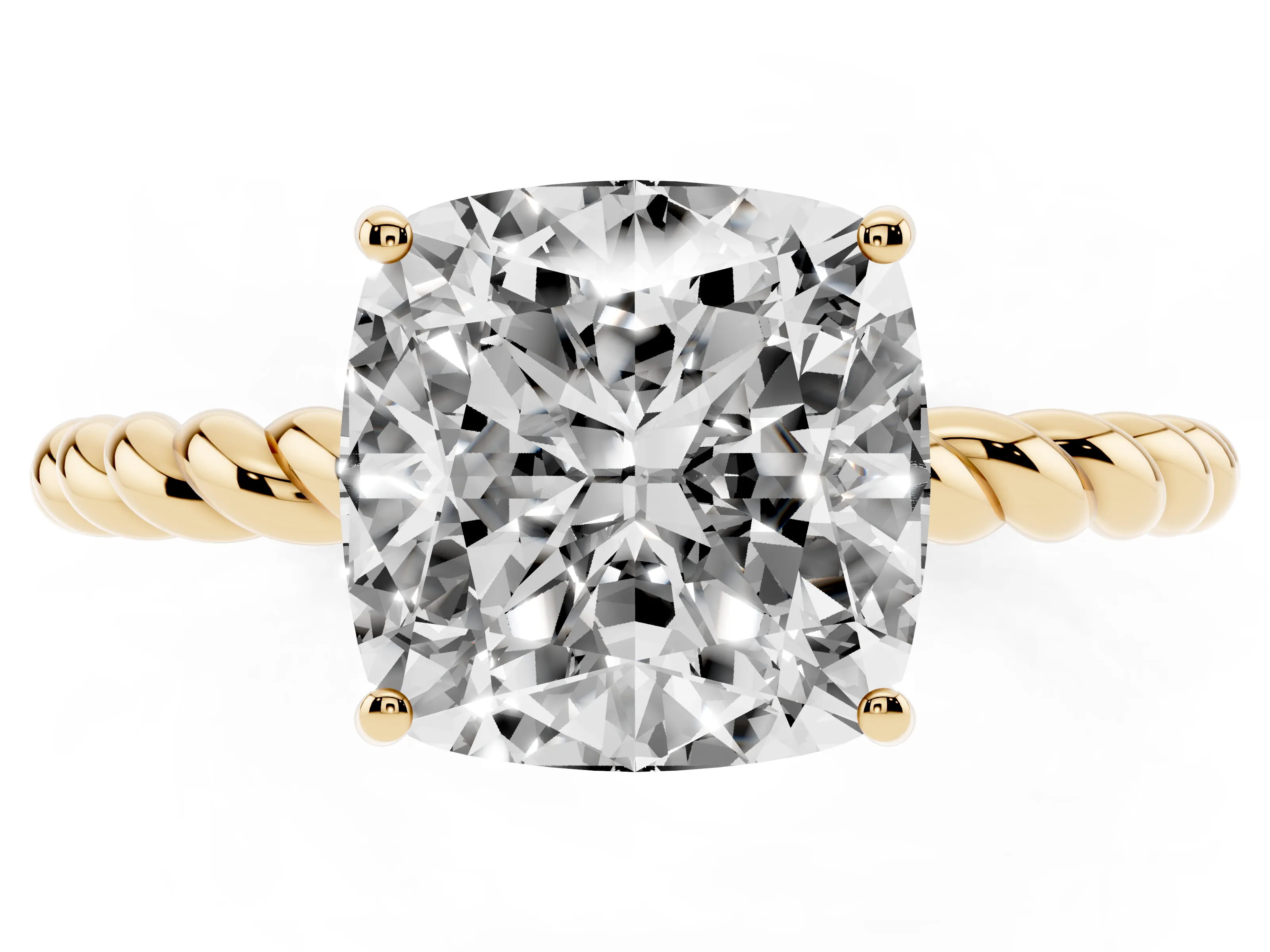Cushion Cut Diamond Solitaire Ring Set in Yellow gold with Twist Band and Prong Setting