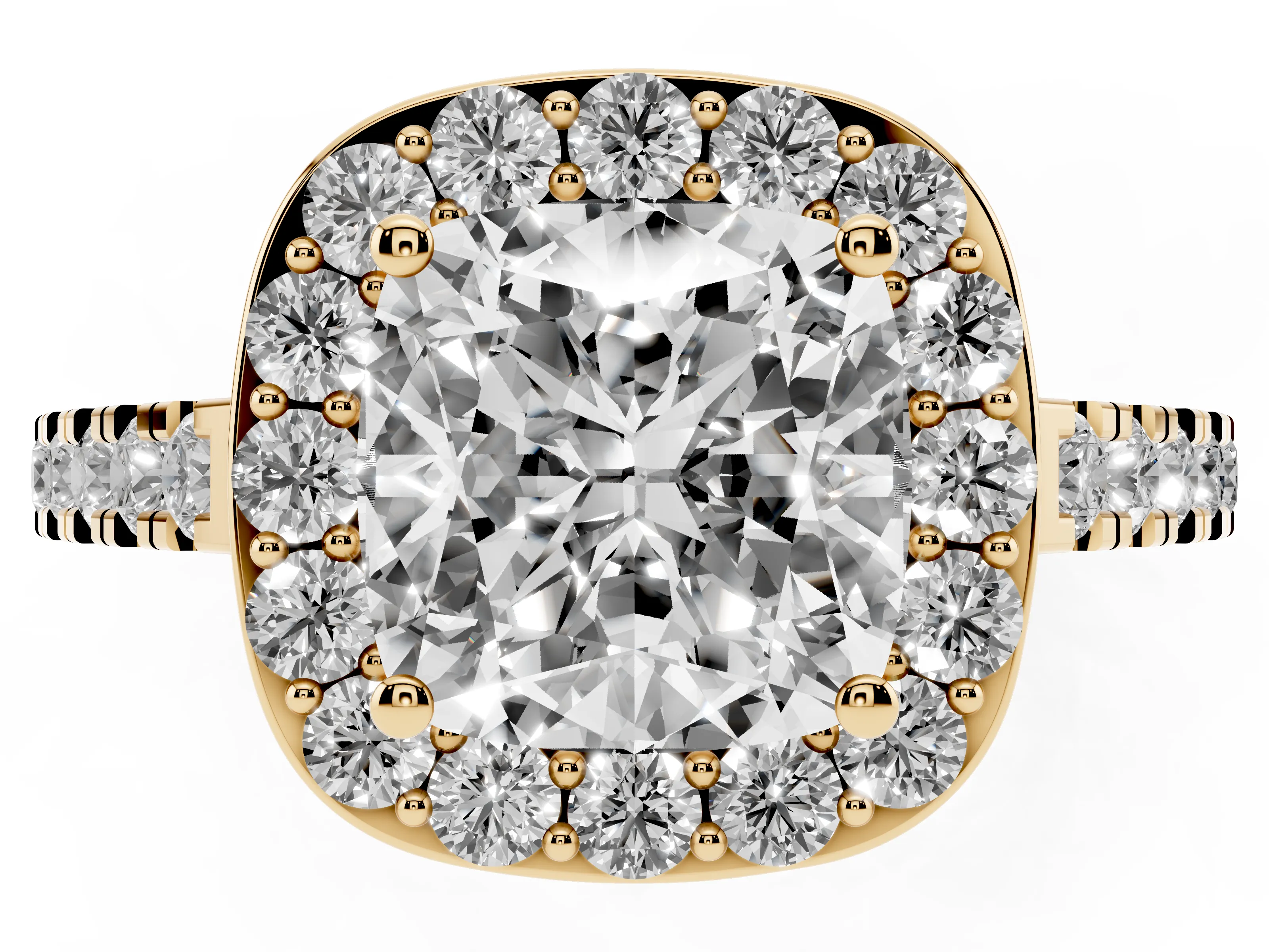 Cushion Cut Diamond Halo Ring Set in Yellow gold with Round Pavé Split Shank and Prong Setting