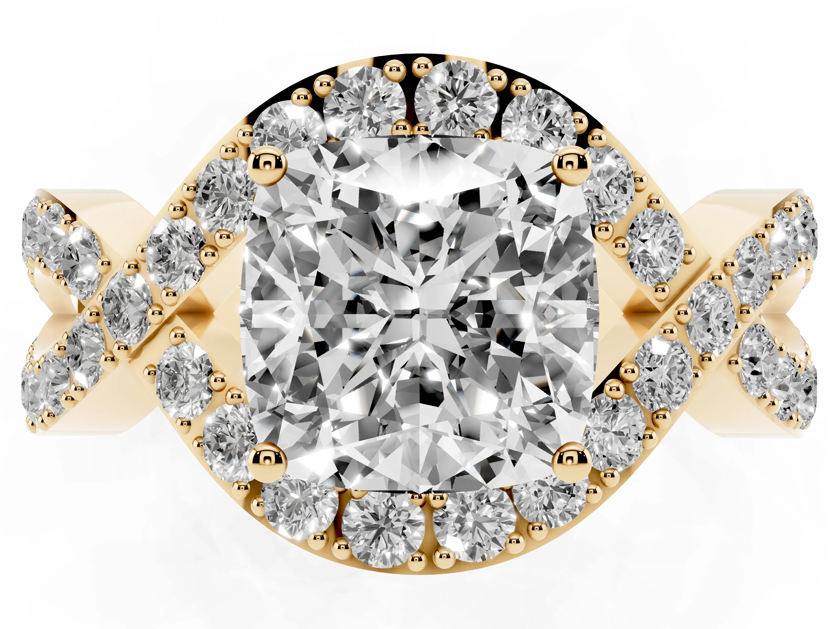 Cushion Cut Diamond Solitaire Twist Band Pavé Engagement Ring Set in Yellow gold
