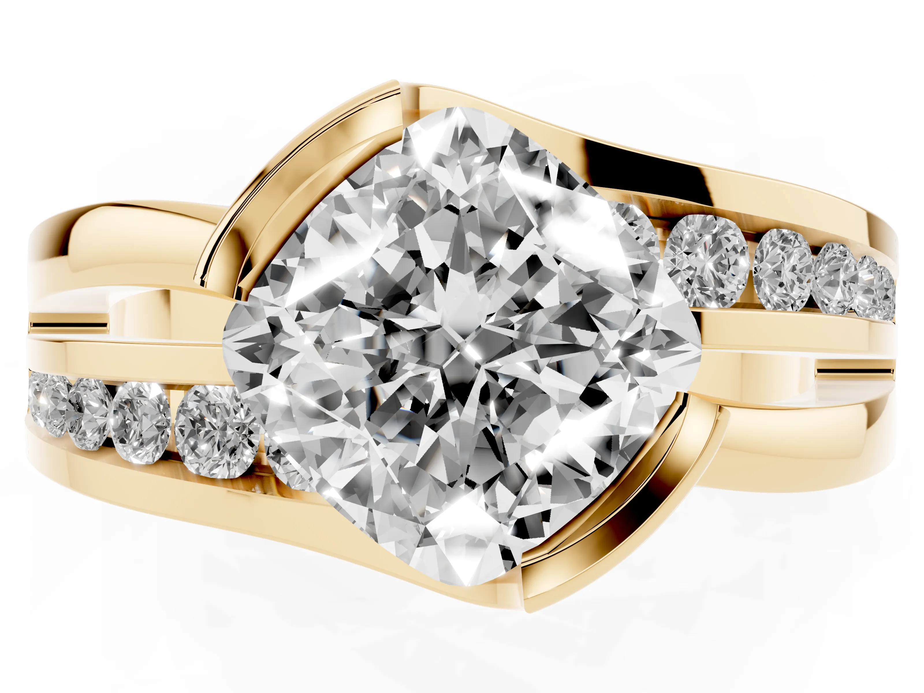 Cushion Cut Diamond Solitaire Ring Set in Yellow gold with Channel Set Split Shank and Tension Prongs