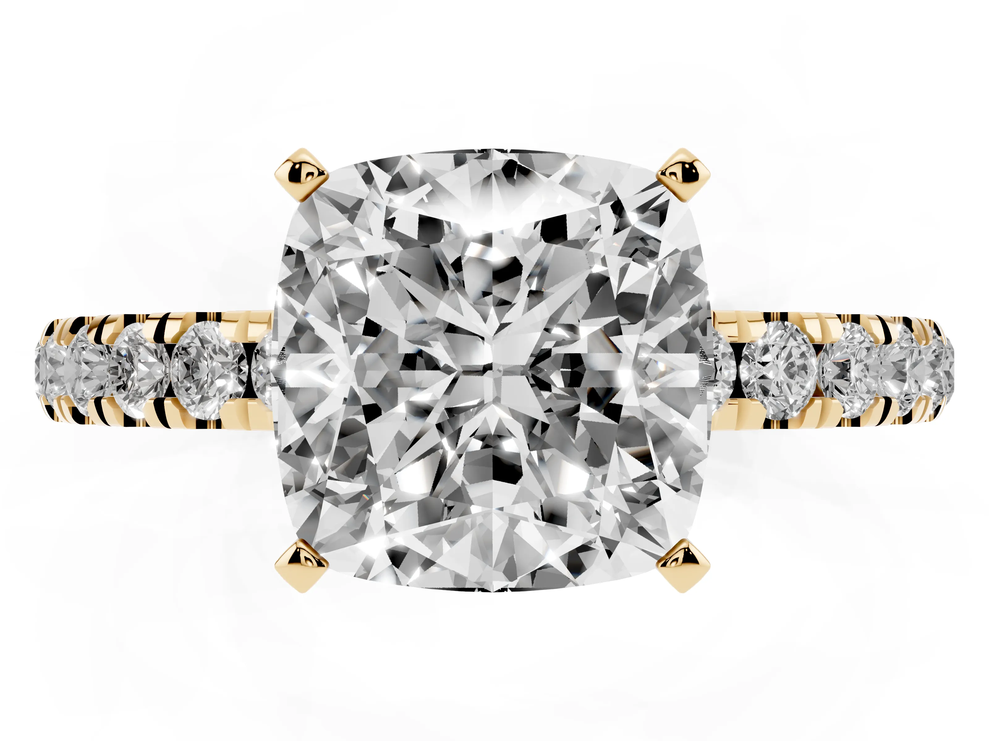 Cushion Cut Diamond Solitaire Ring Set in Yellow gold with Pavé Accents and Prong Setting