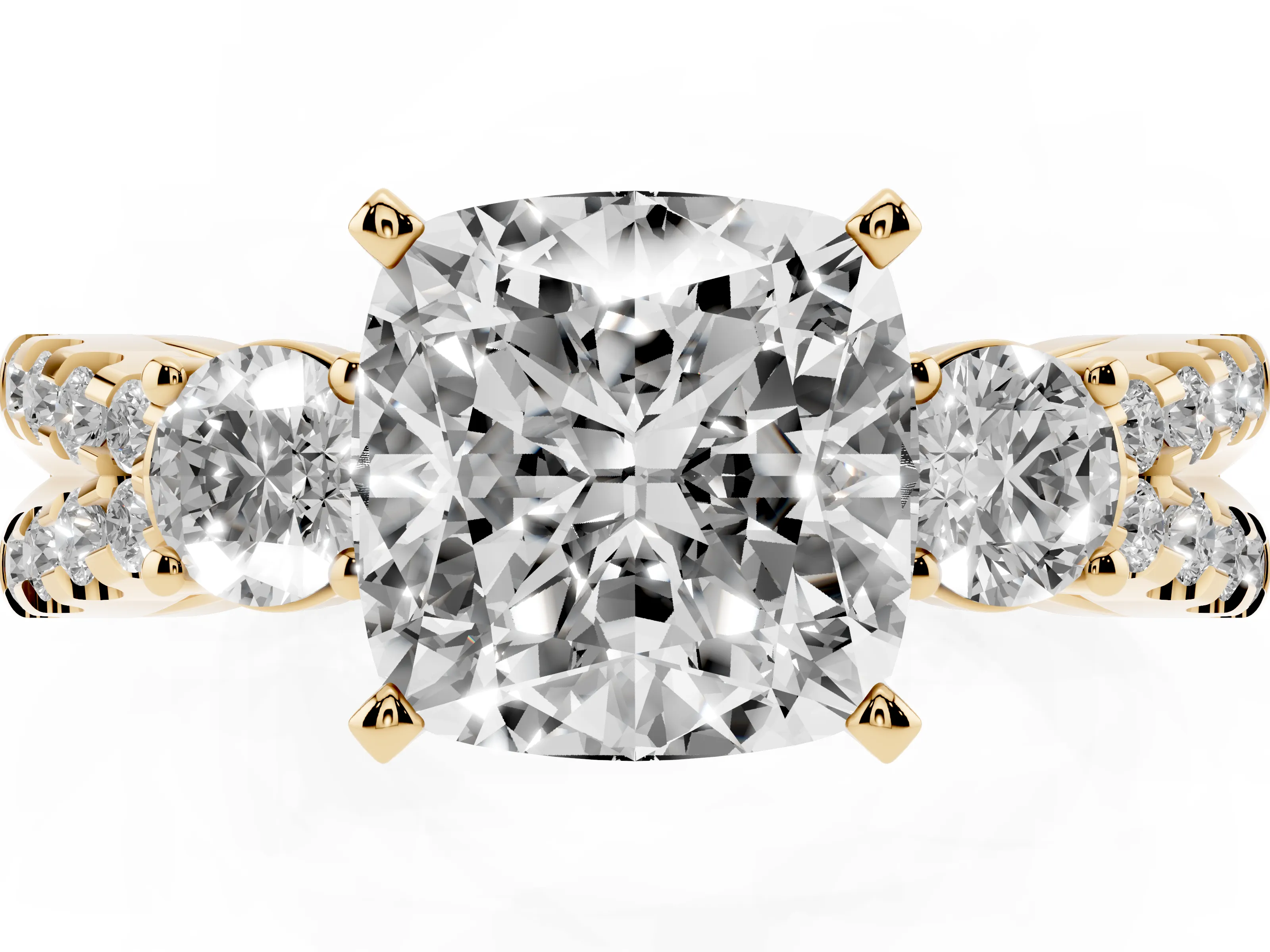 Cushion Cut Diamond Three-Stone Ring Set in Yellow gold with Pavé Split Shank and Prong Setting