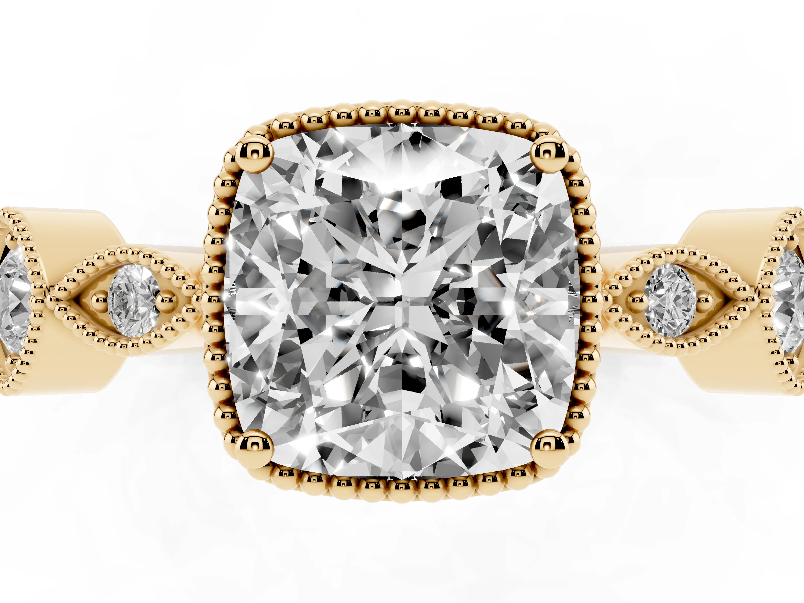 Cushion Cut Diamond Vintage-Inspired Milgrain Ring Set in Yellow gold with Marquise Stations of Round Accents