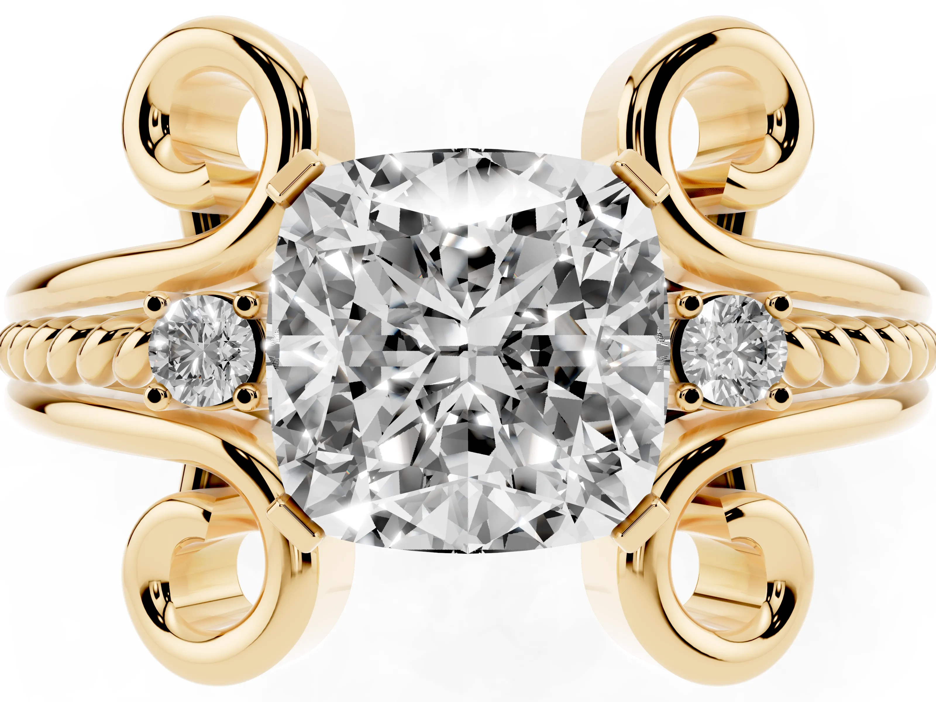 Cushion Cut Diamond Twisted Band Solitaire Ring Set in Yellow gold with Scroll Prongs