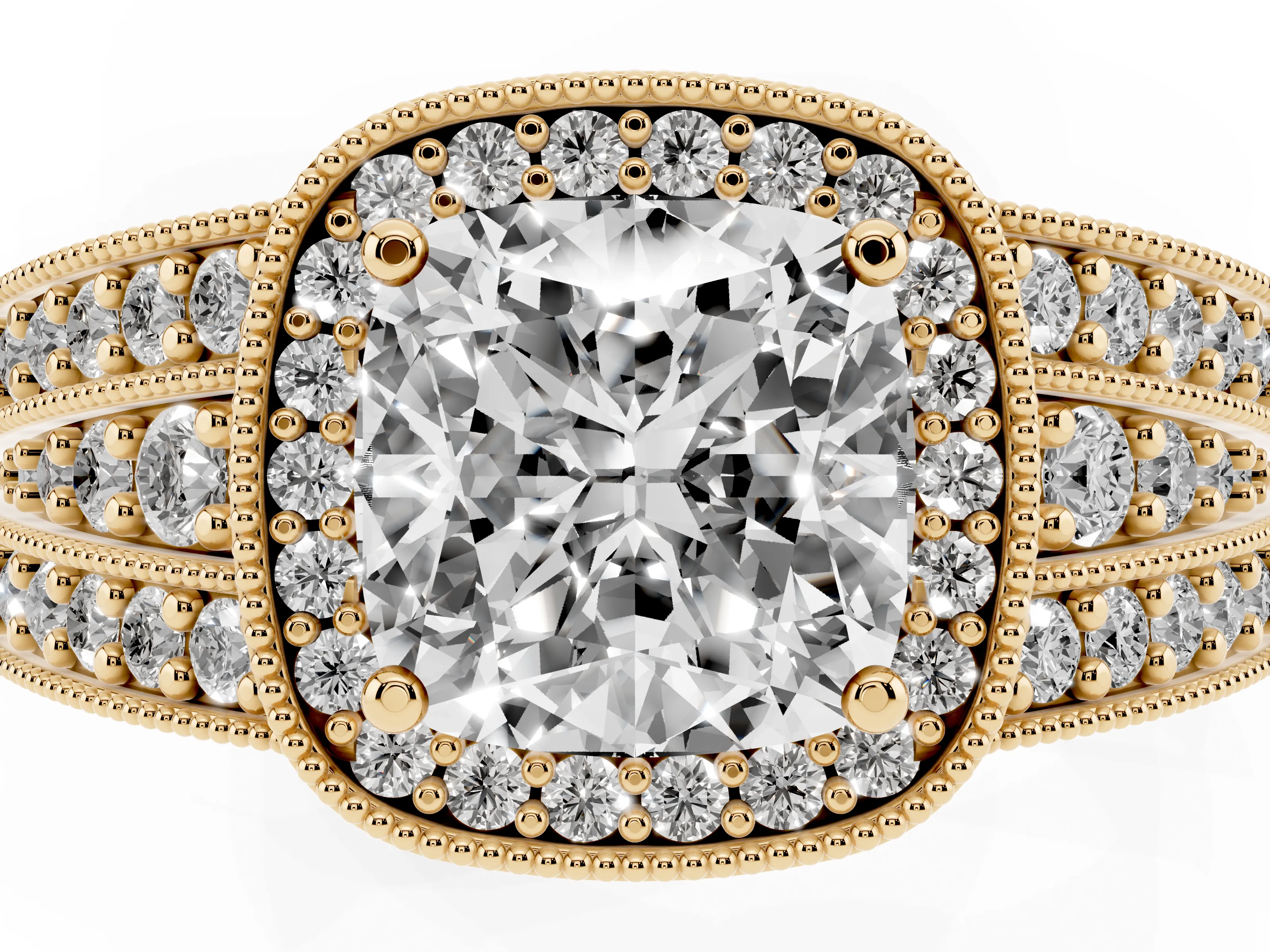 Cushion Cut Diamond Halo Ring Set in Yellow gold with Accent Split Shank and Prong Setting