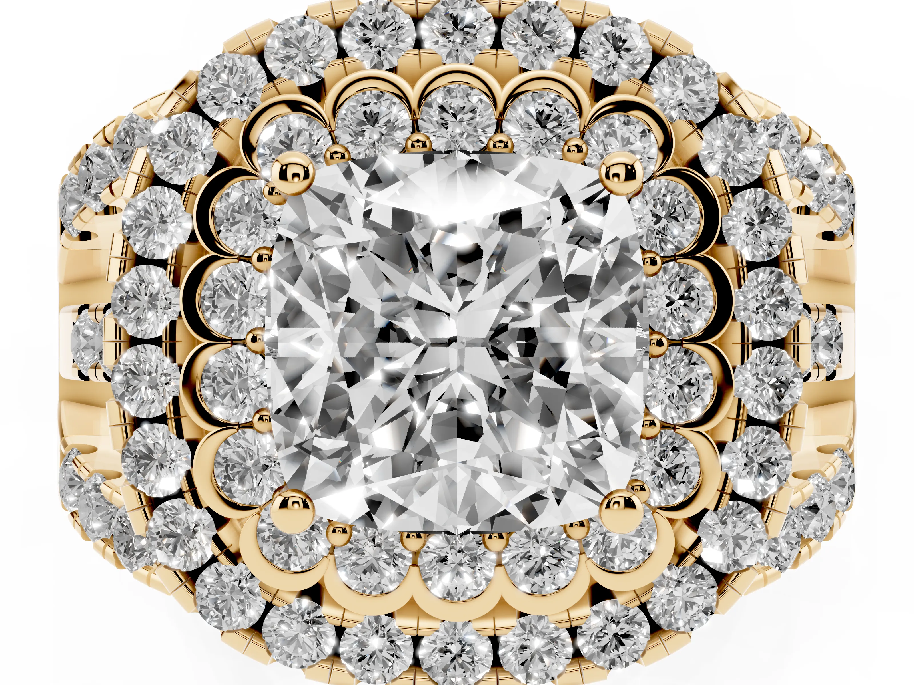 Cushion Cut Diamond Double Halo Ring Set in Yellow gold with Round Pavé Split Shank