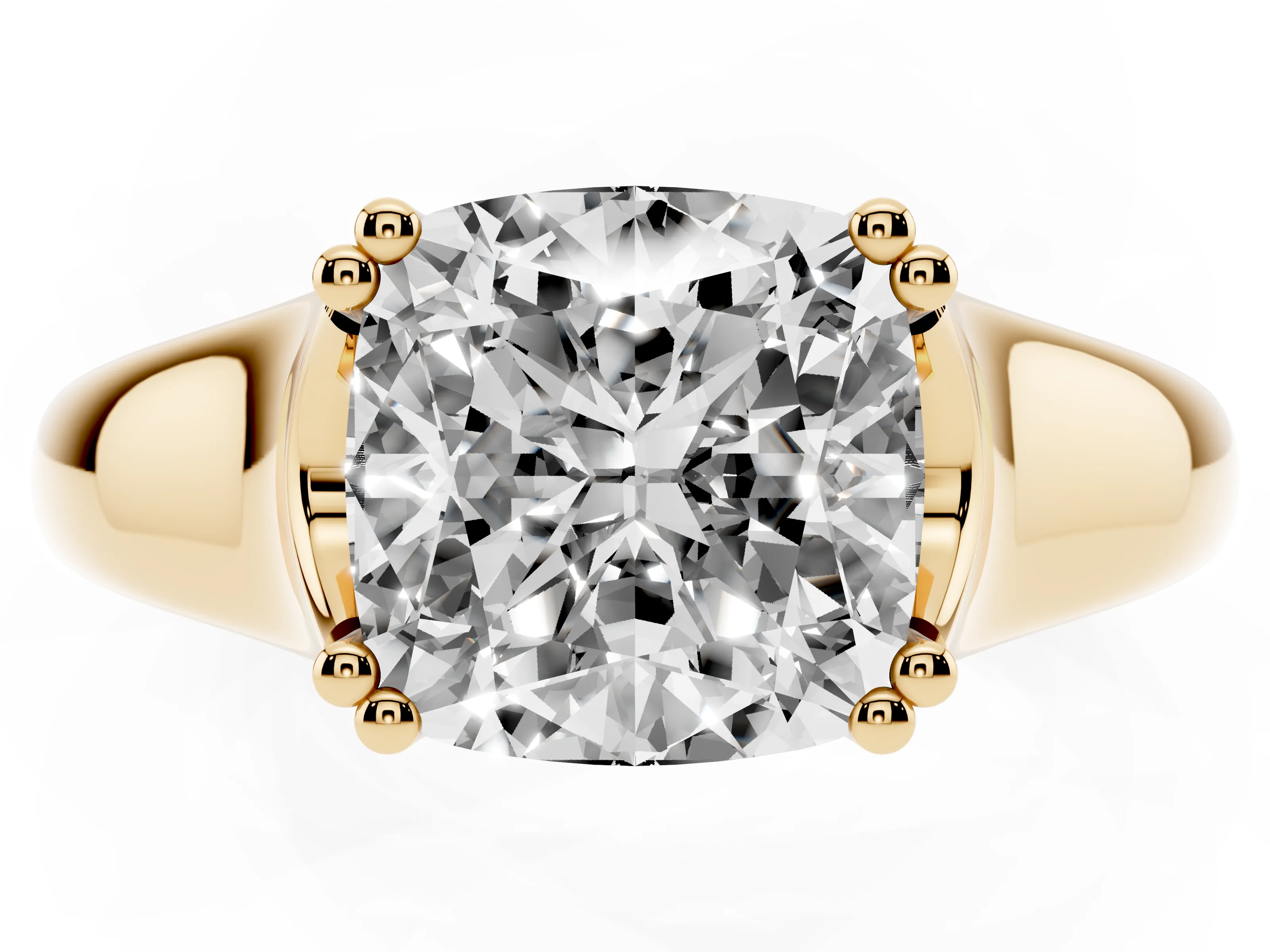 Cushion Cut Diamond Solitaire Ring Set in Yellow gold with Wide Band and Prong Setting