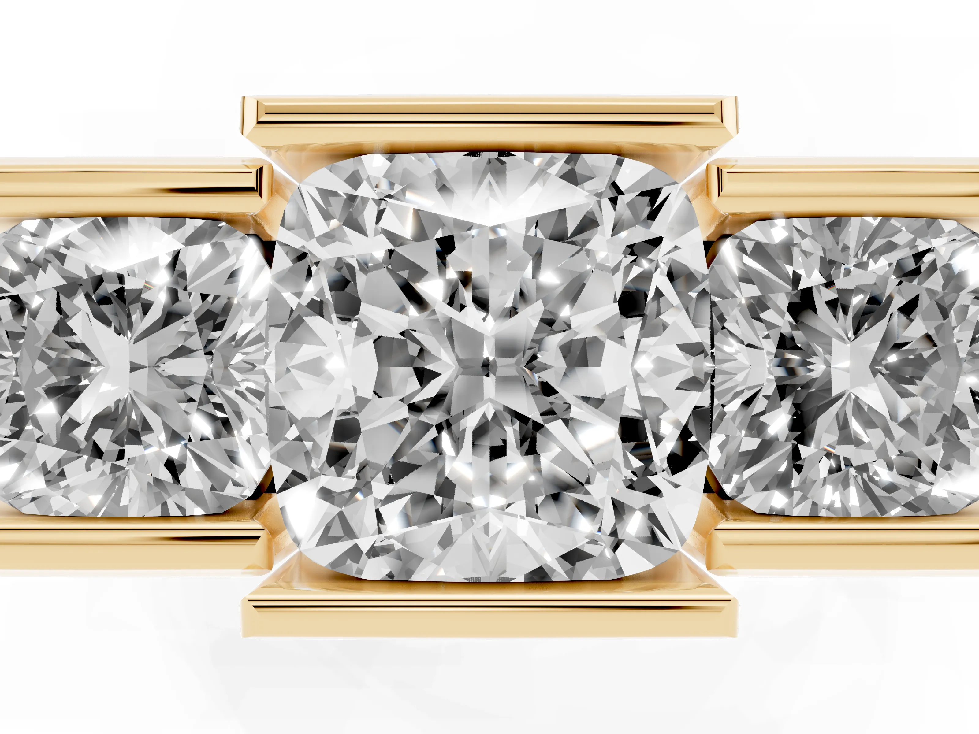 Cushion Cut Diamond Three-Stone Channel Set Ring Set in Yellow gold with Smooth Polished Band