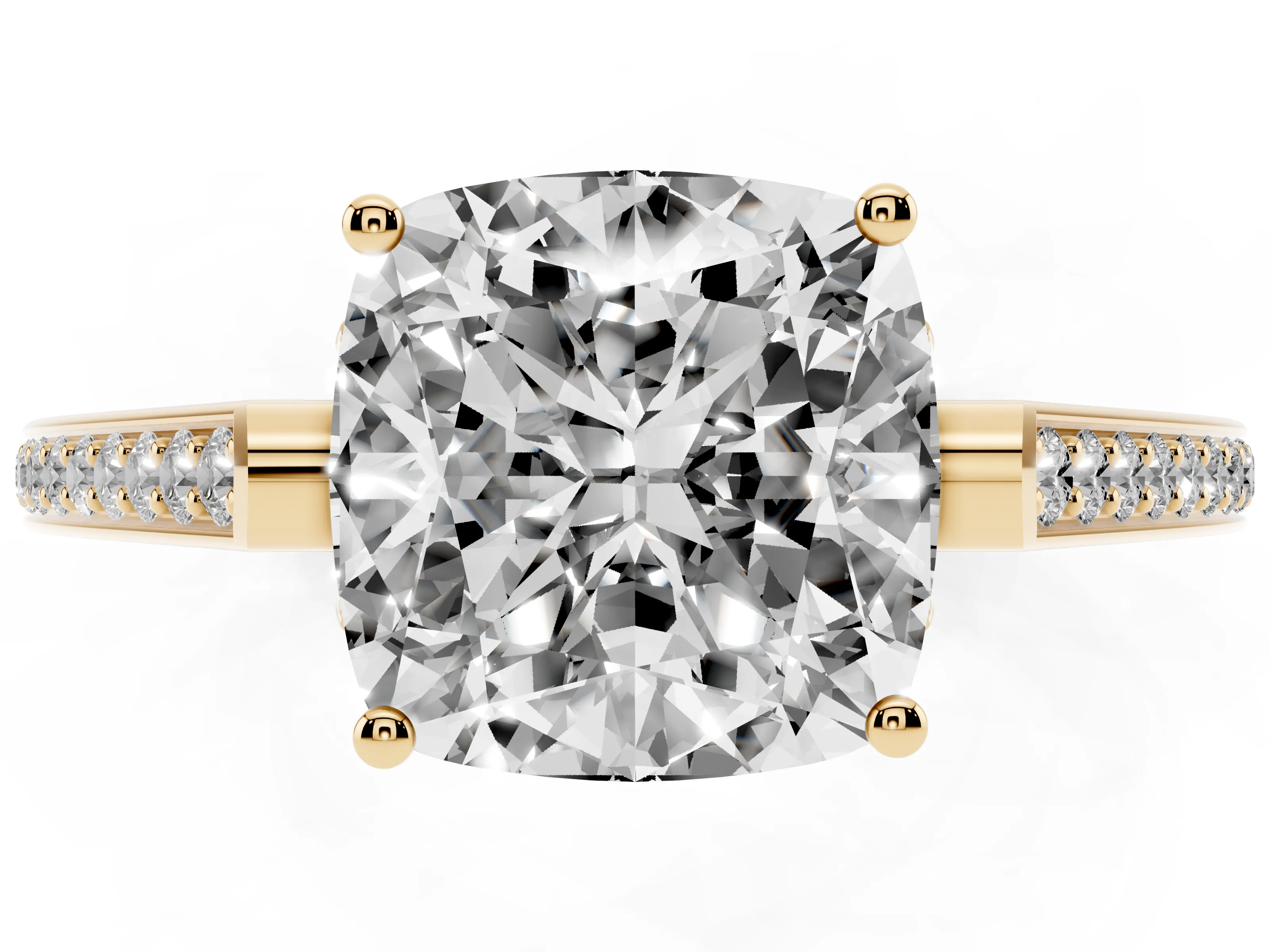 Cushion Cut Diamond Cathedral Pavé Engagement Ring Set in Yellow gold with Prong Setting