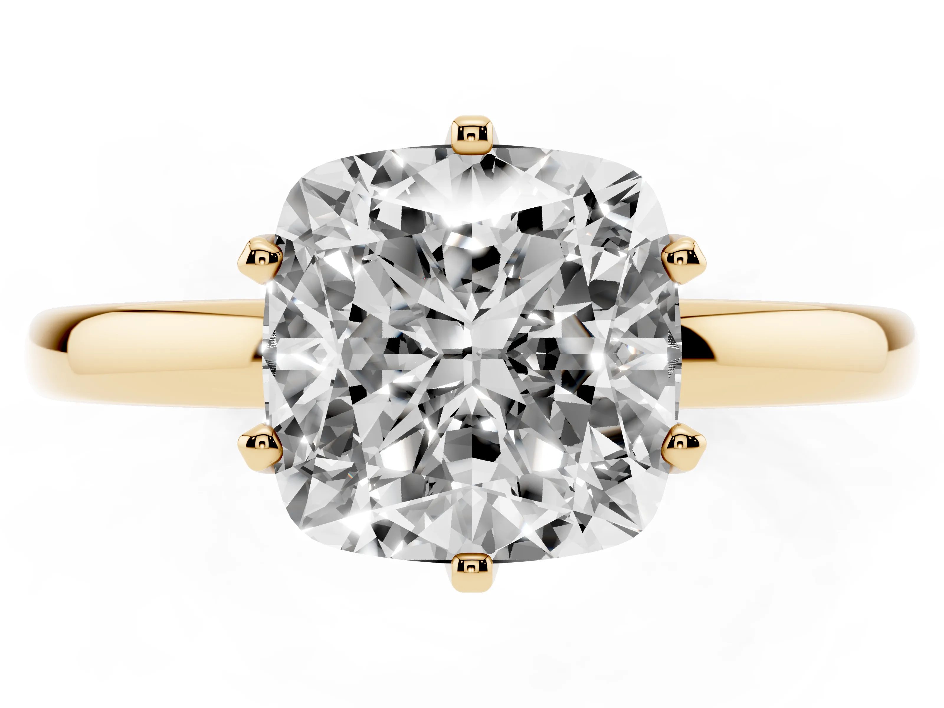 Cushion Cut Diamond Solitaire Ring Set in Yellow gold with Raised Prong Setting on a Classic Band