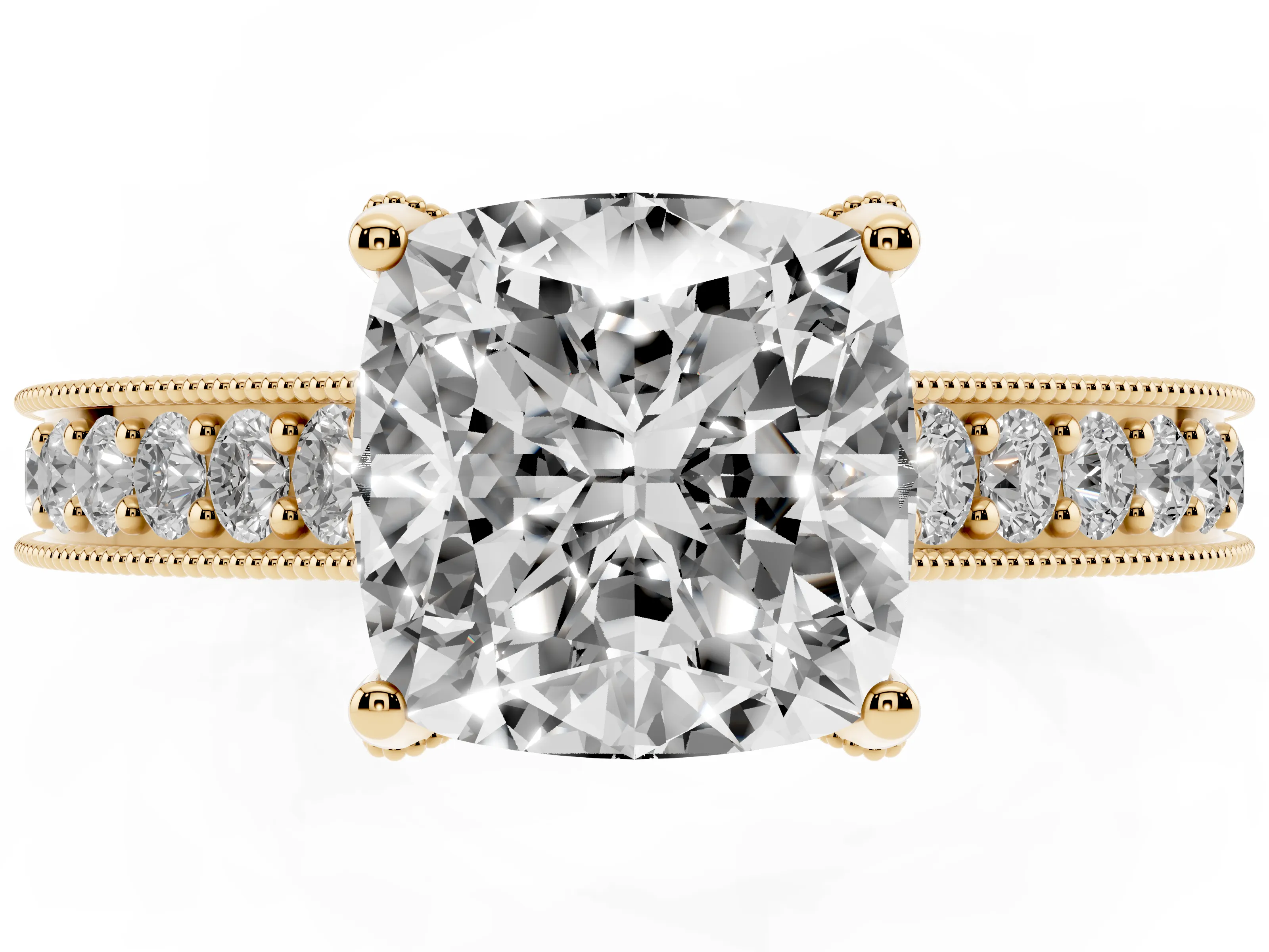 Cushion Cut Diamond Solitaire Ring Set in Yellow gold with Milgrain-Edged Pavé Band and Prong Setting