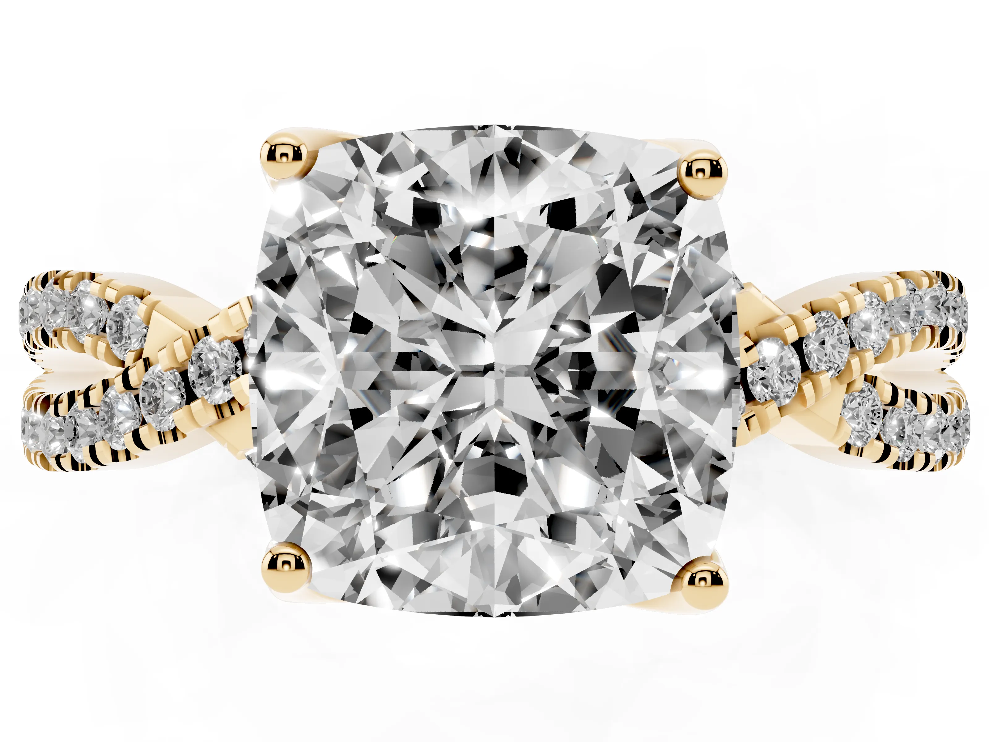Cushion Cut Diamond Twist Pavé Solitaire Engagement Ring Set in Yellow gold with Prong Setting