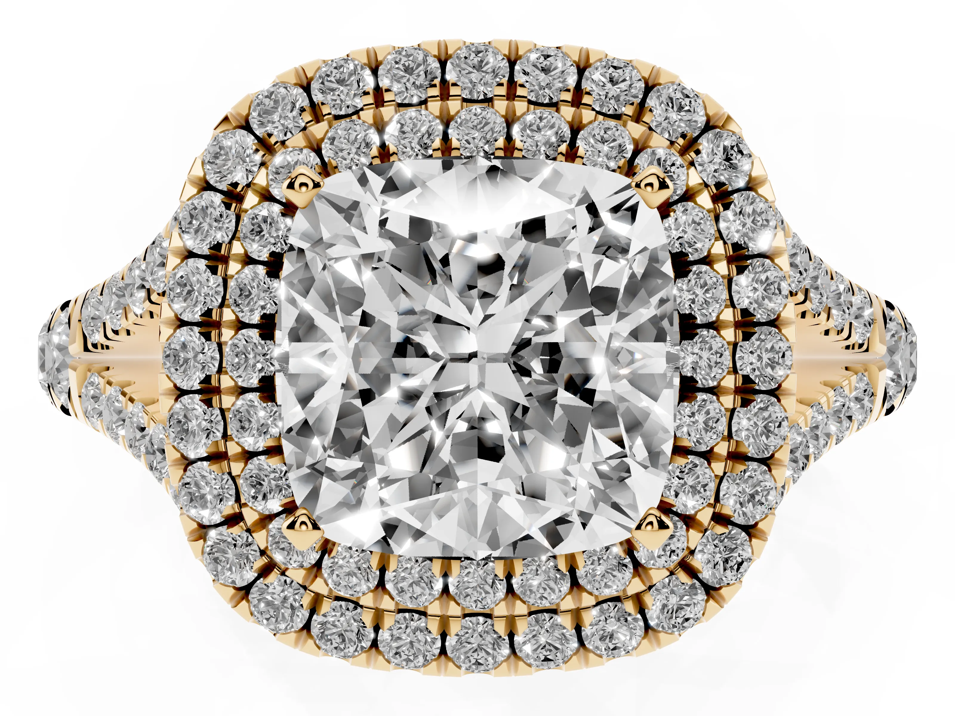 Cushion Cut Diamond Pavé Split Shank Double Halo Engagement Ring Set in Yellow gold