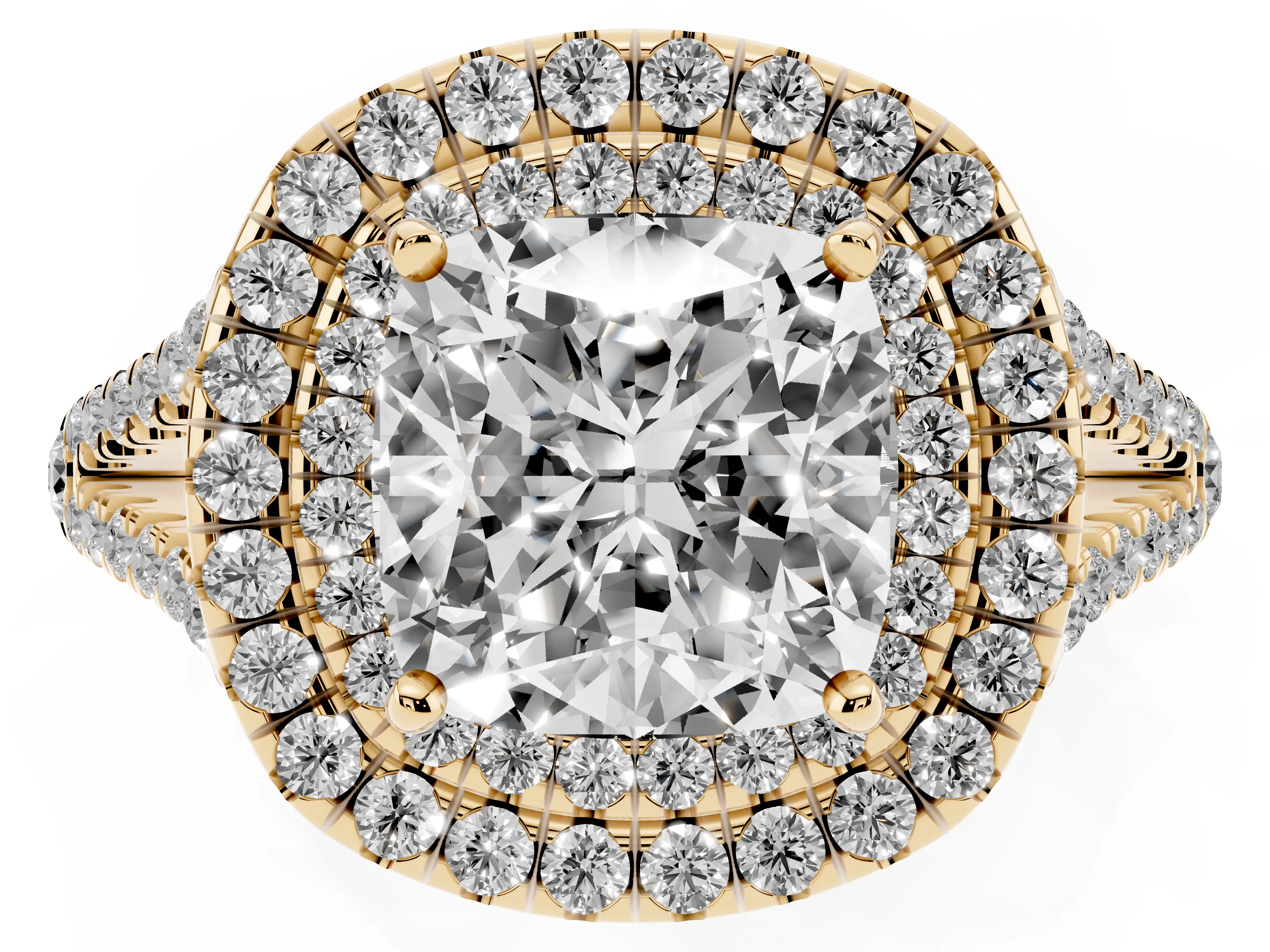 Cushion Cut Diamond Double Halo Ring Set in Yellow gold with Pavé Band