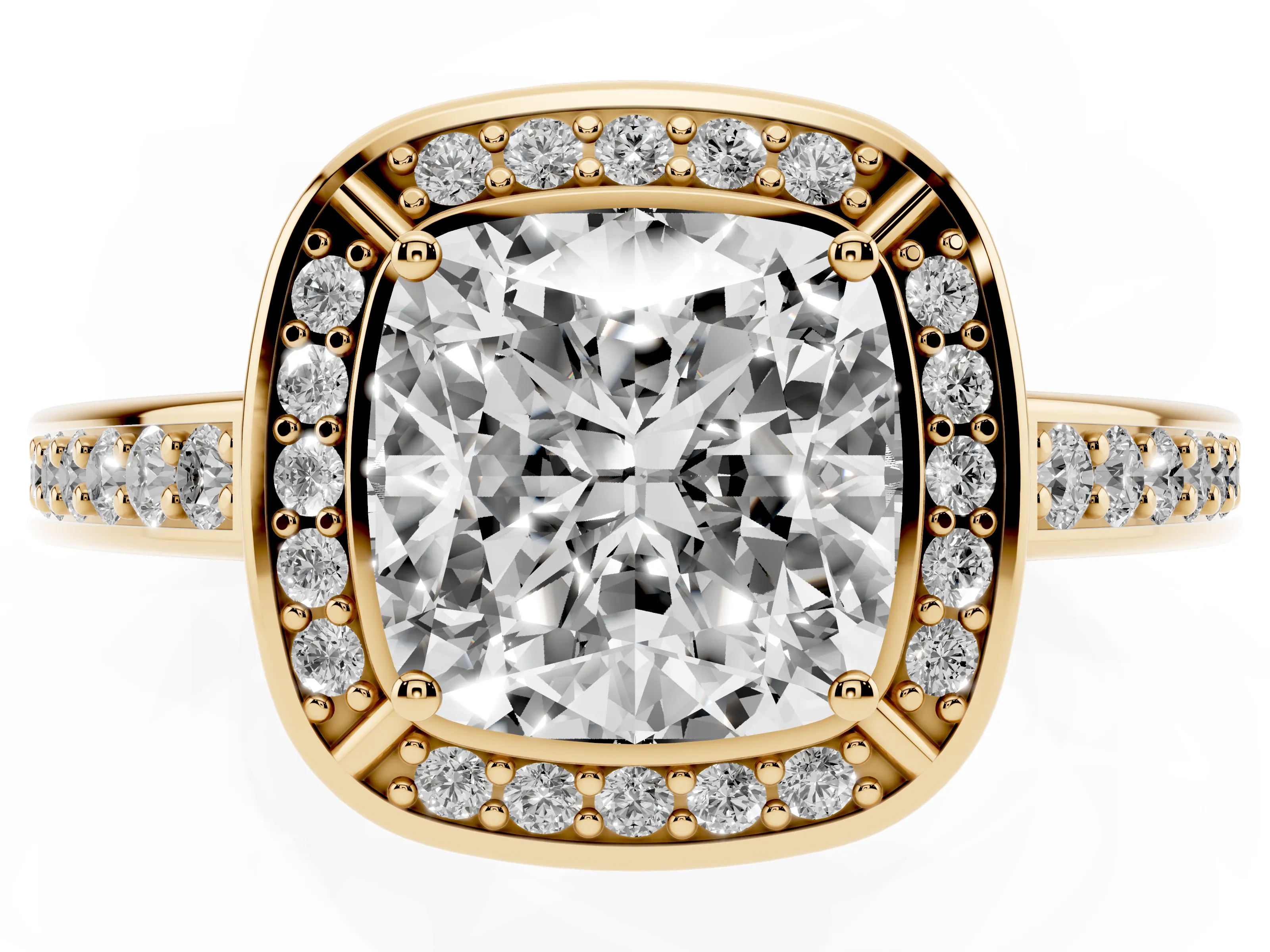 Cushion Cut Diamond Halo Pavé Split Shank Ring Set in Yellow gold with Prong Setting