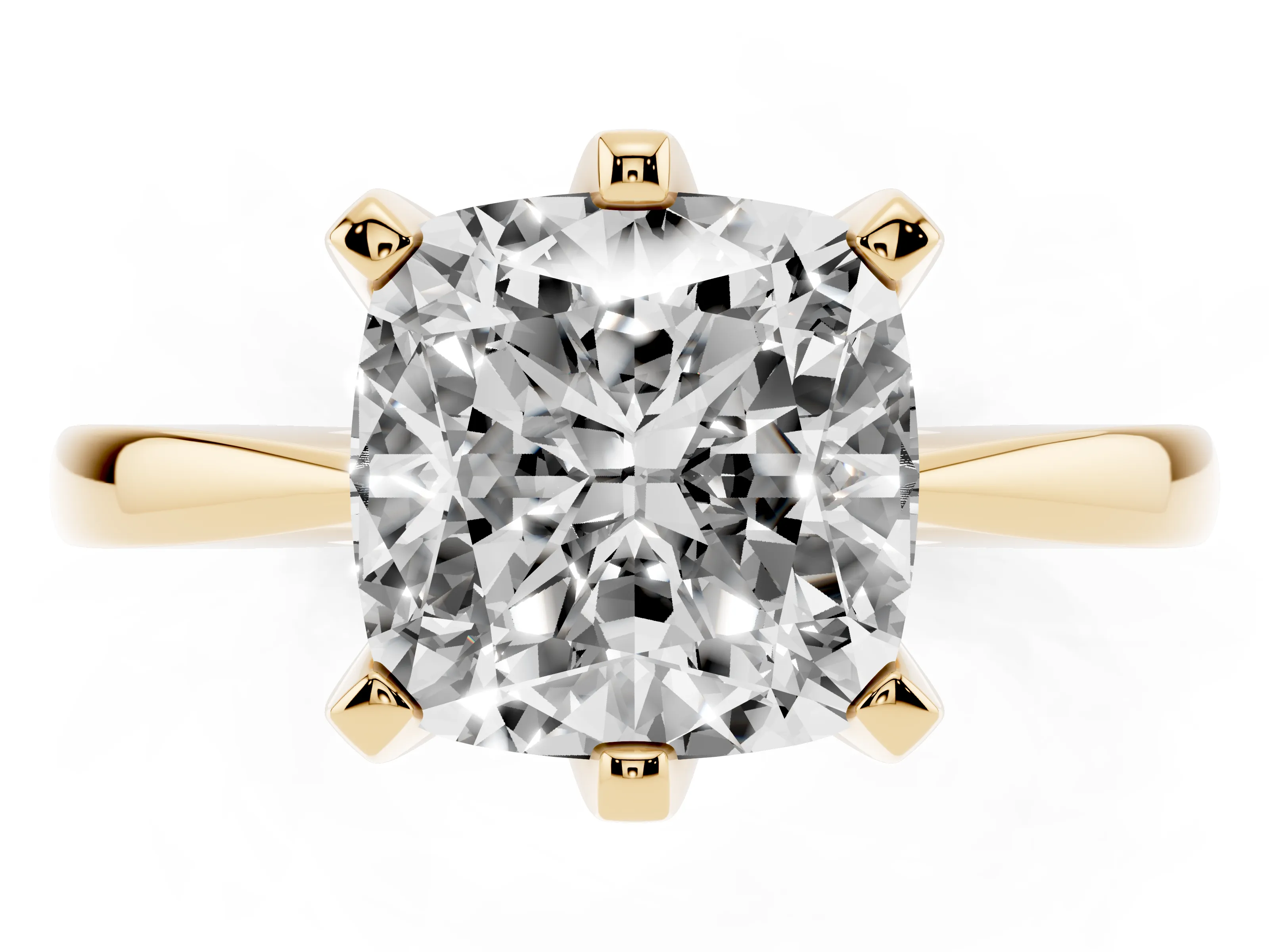 Cushion Cut Diamond Solitaire Engagement Ring Set in Yellow gold with Slim Tapered Solitaire Band
