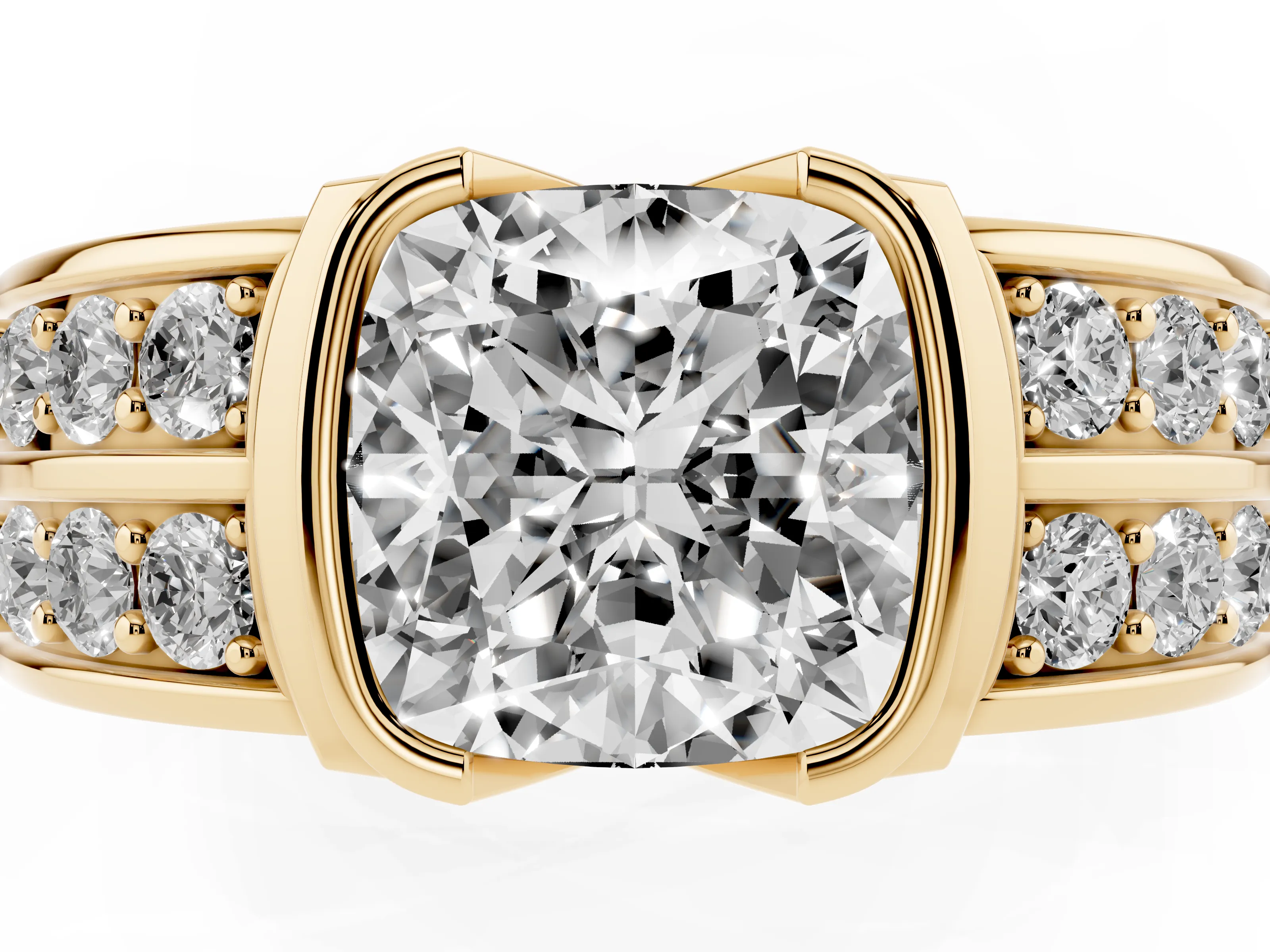 Cushion Cut Diamond Wide Channel Set Band Ring Set in Yellow gold with Bezel Setting
