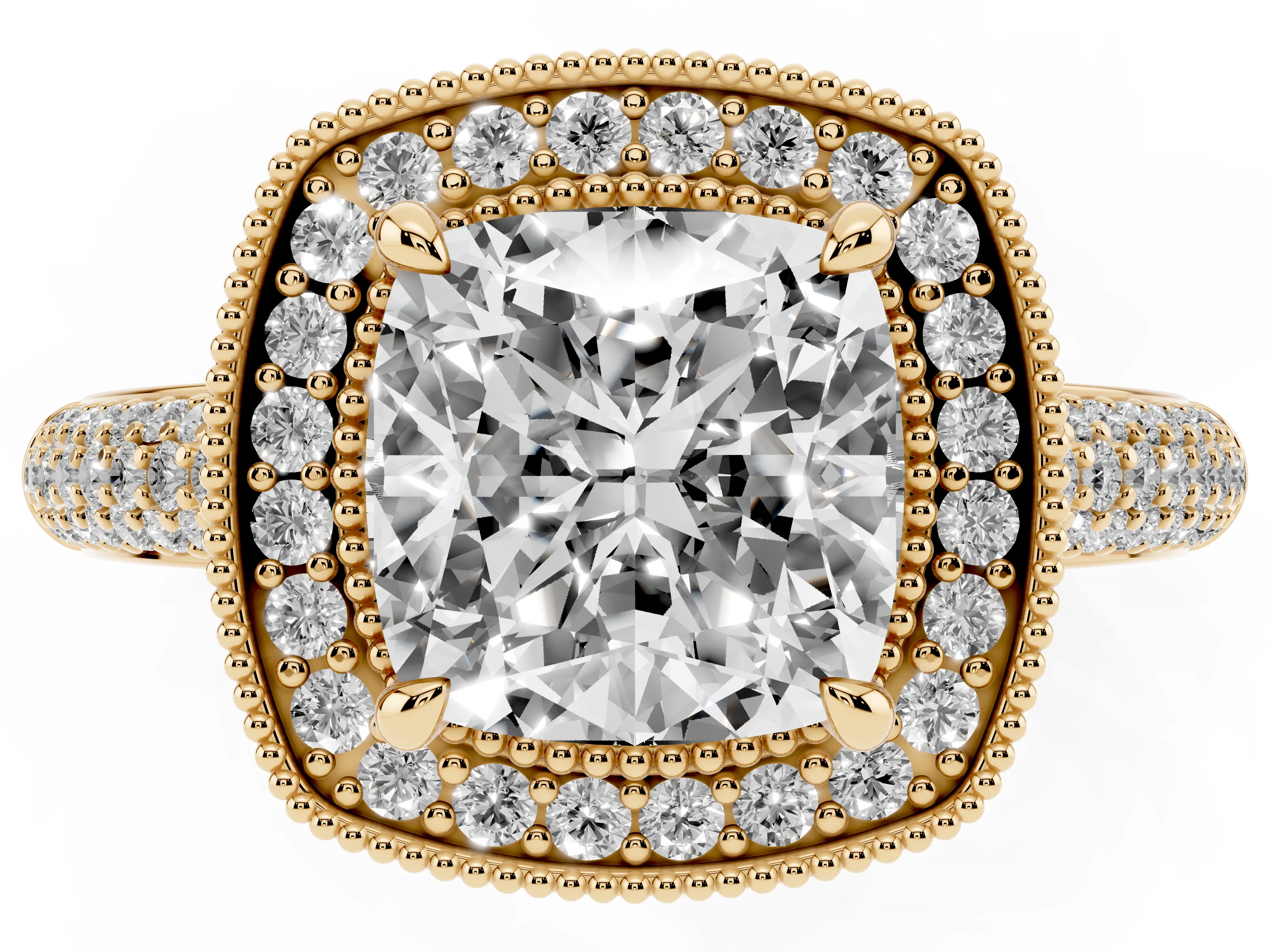 Cushion Cut Diamond Halo Pavé Band Set in Yellow gold with Prong Setting
