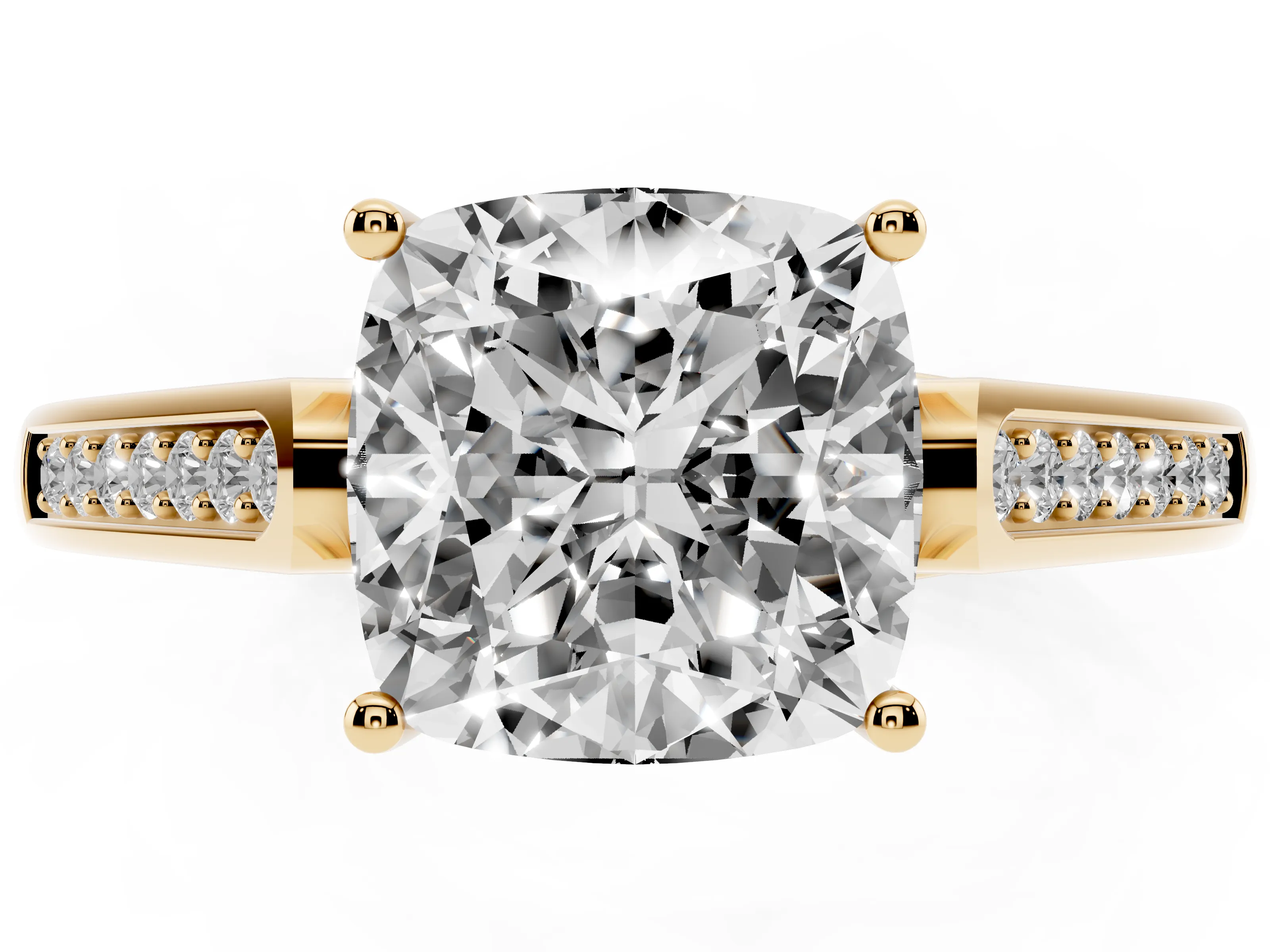 Cushion Cut Diamond Solitaire Cathedral Engagement Ring Set in Yellow gold with Channel-Set Band and Prong Setting